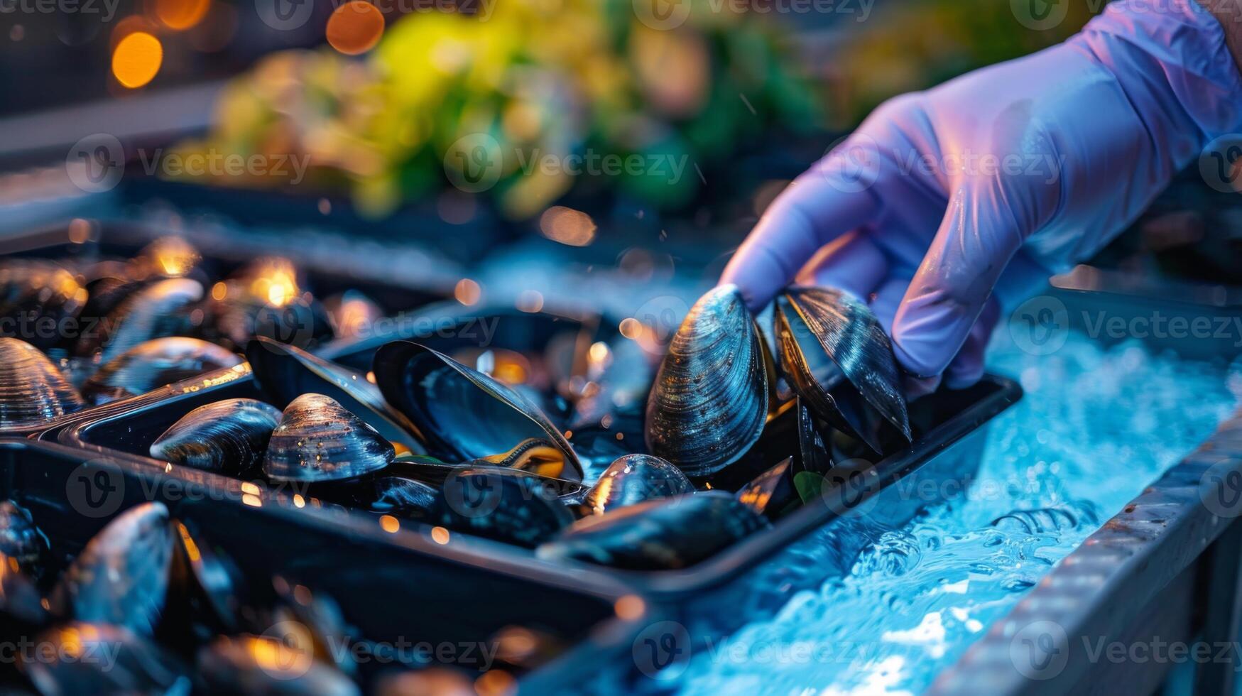 A vendor in a glove selects clams from a vibrant seafood display filled with ice and greenery, adding freshness to the evening atmosphere of the market. photo