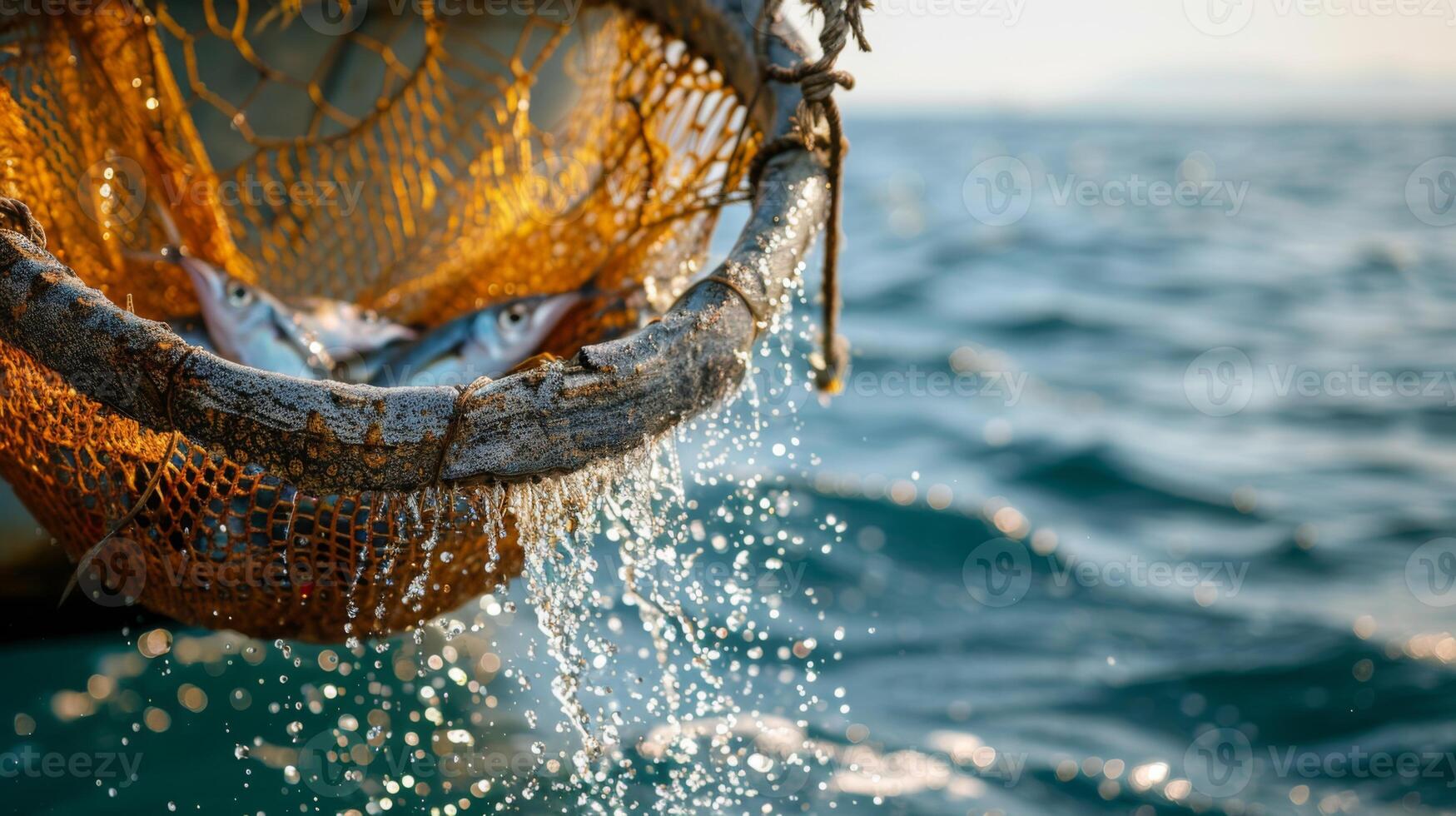Fishermen haul a net filled with fresh fish over the side of a boat as sunlight sparkles on the water, capturing the essence of maritime life in the late afternoon. photo