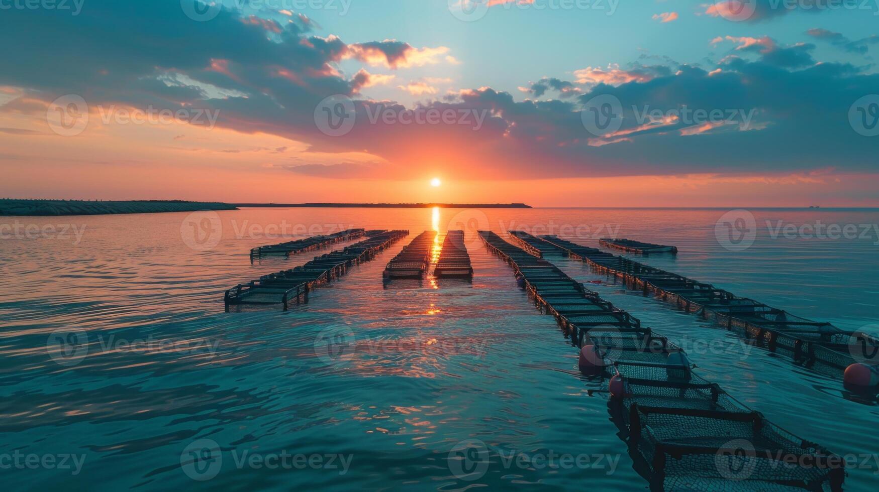 Warm colors fill the sky as the sun sets over calm waters, casting reflections on wooden platforms arranged in neat rows at a serene harbor. photo