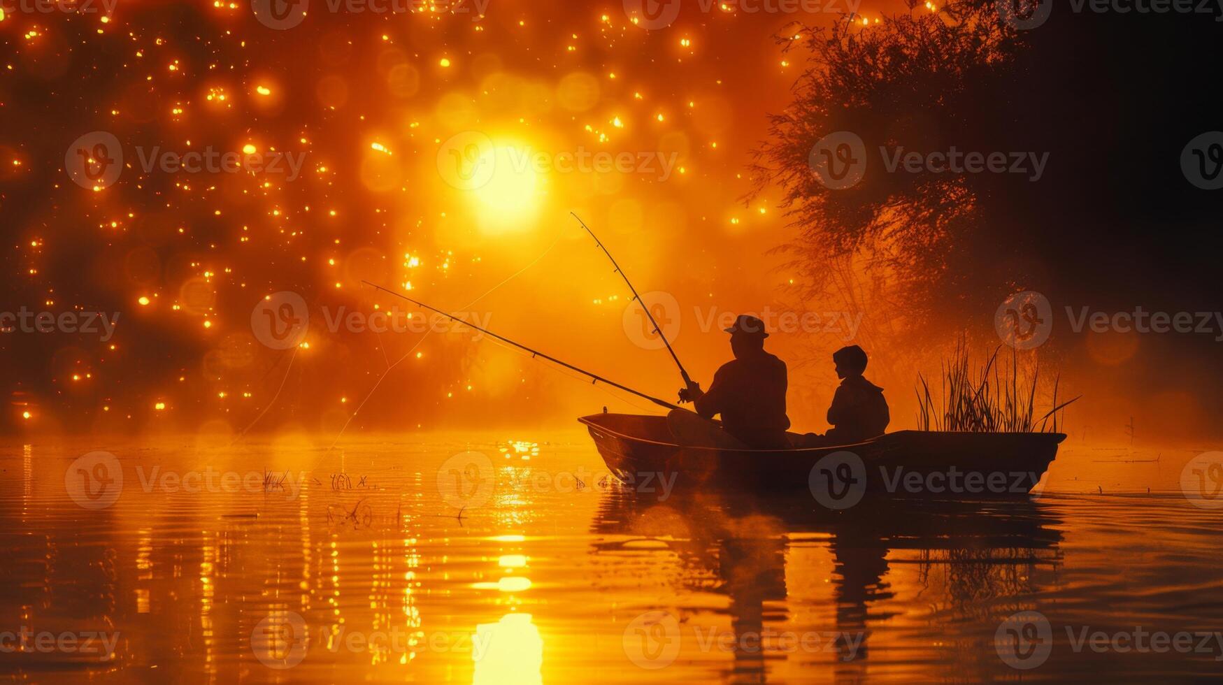 Two individuals are fishing in a small boat on a serene lake during sunset. The sky is filled with warm orange and golden hues, creating a peaceful atmosphere as reflections dance on the water. photo