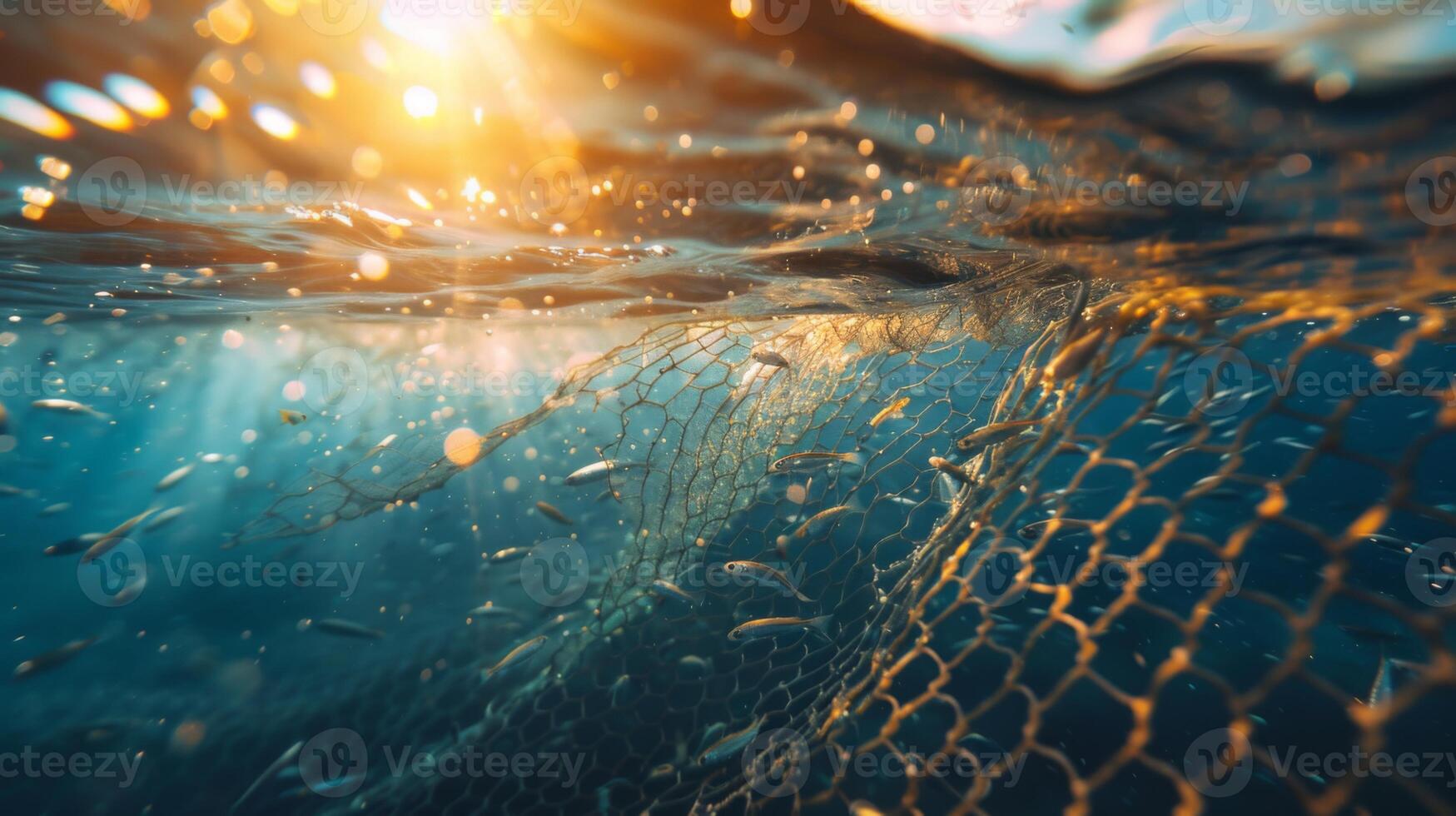 Sunlight filters through the water as a group of small fish swims around a fishing net, creating a dynamic underwater scene in the sea during morning light. photo