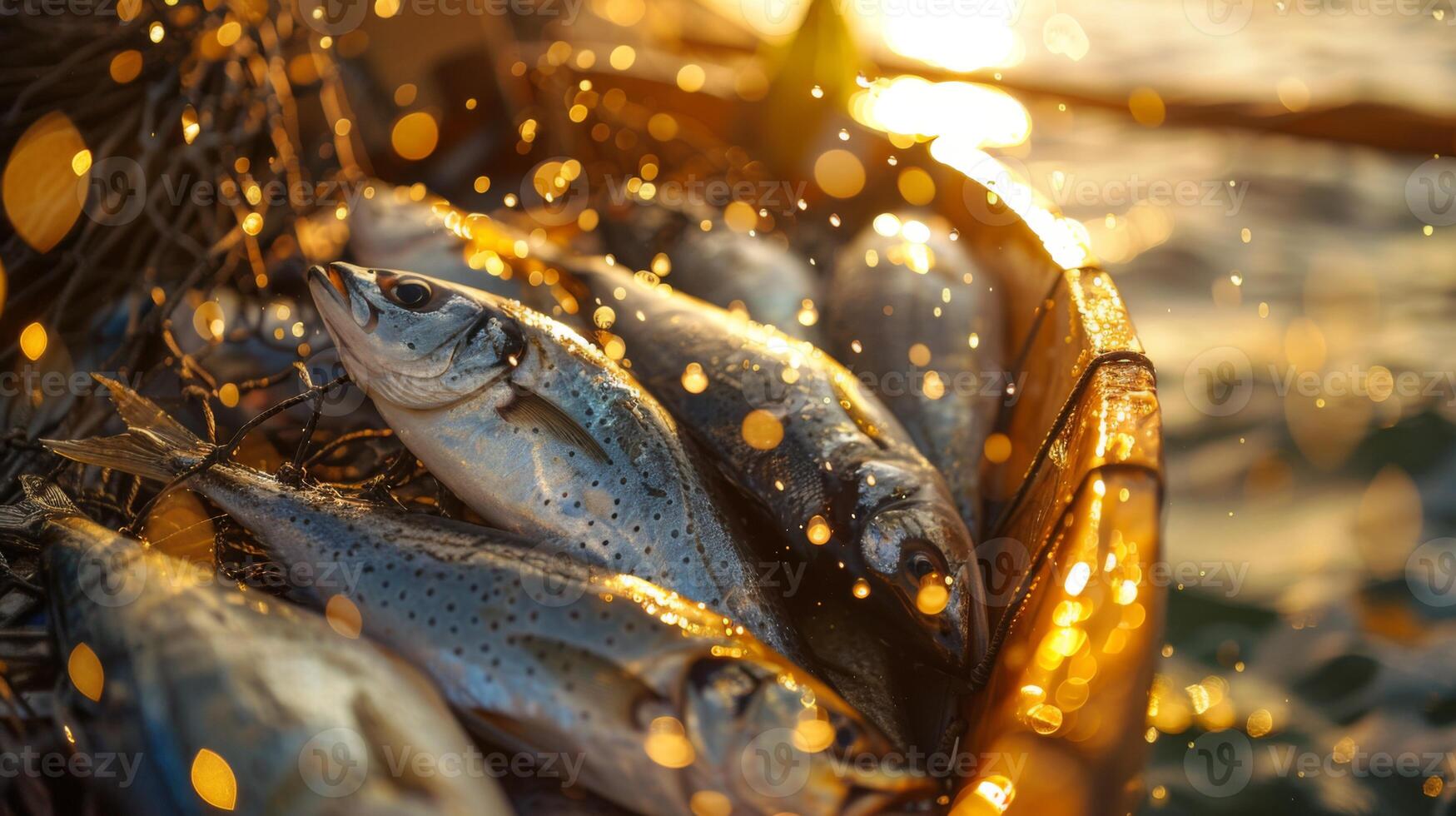 A collection of shimmering fish fills a wooden boat, reflecting warm sunlight as dusk settles around a peaceful fishing spot by the lake. photo