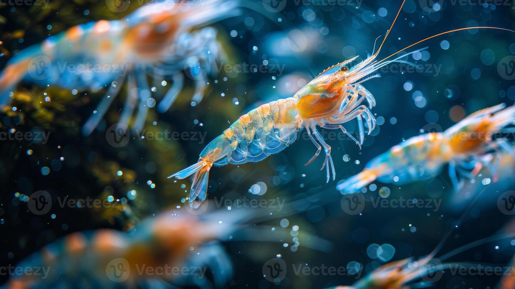 Colorful shrimp are gracefully swimming in a clear ocean environment, surrounded by shimmering bubbles and aquatic plants, showcasing their natural habitat during daylight. photo