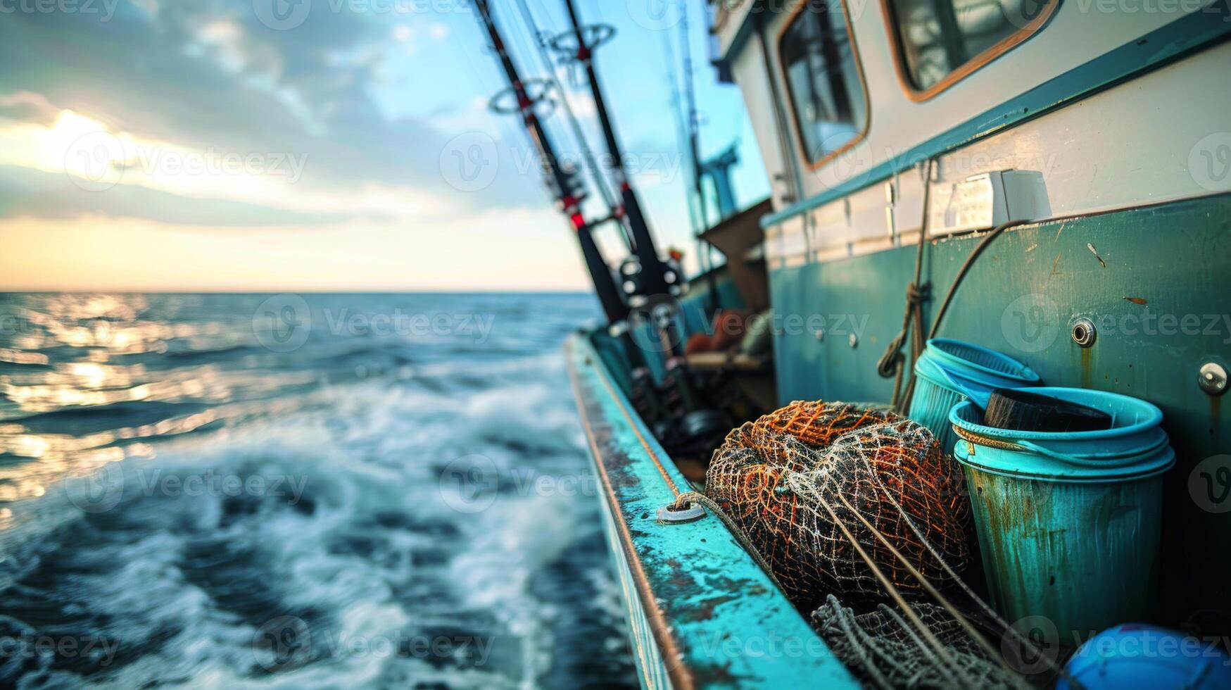 A fishing boat is navigating the ocean as the sun sets, with nets and gear placed on the deck. Waves crash against the side, creating a serene atmosphere for fishing. photo