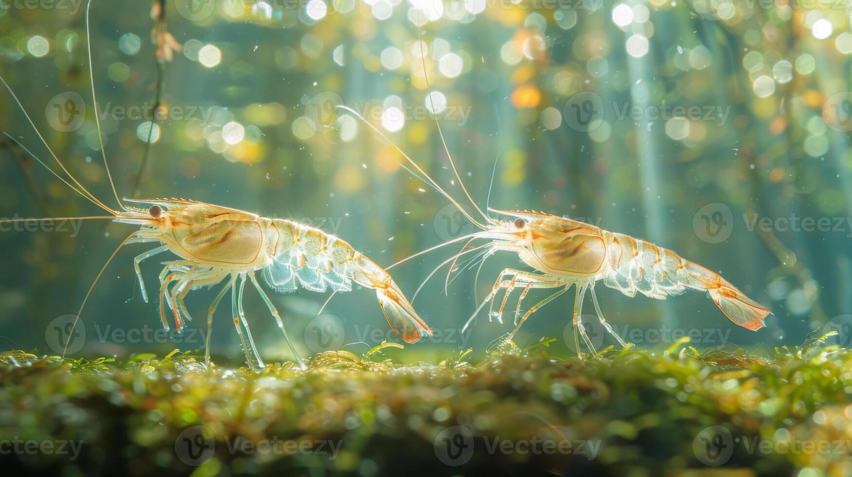 Two shrimp move gracefully across a green, moss covered surface beneath the water, with light filtering down from above and creating an enchanting atmosphere. photo
