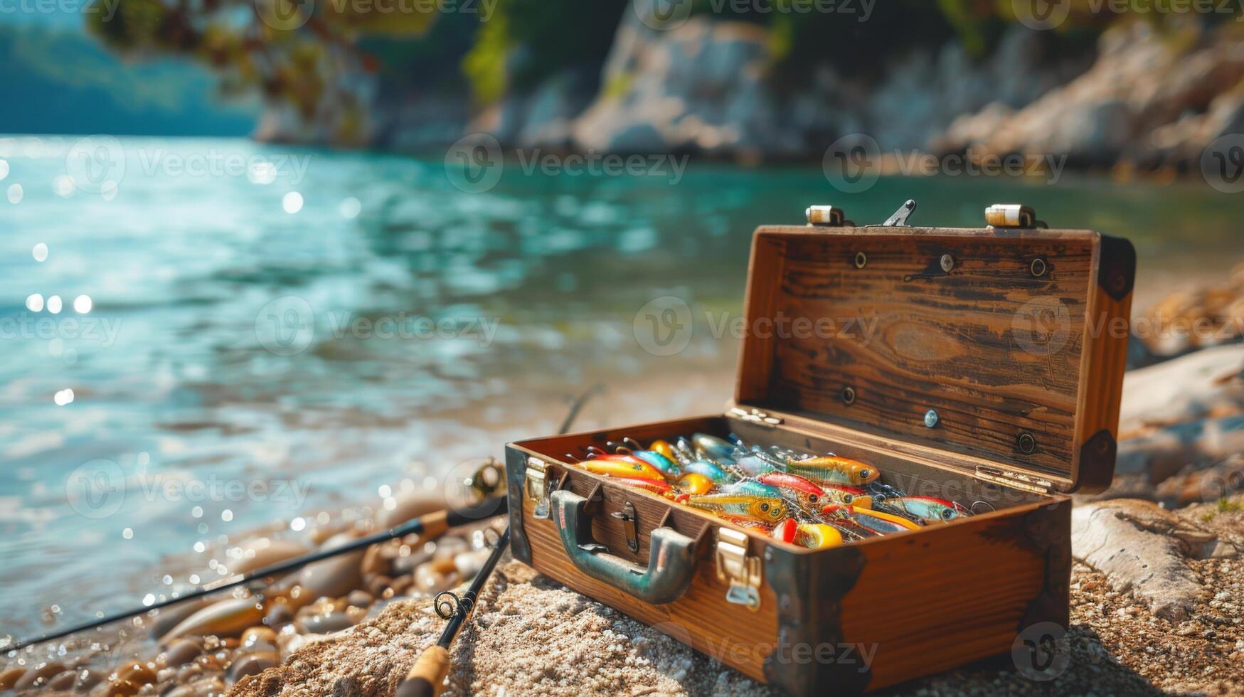 A rustic tackle box filled with various fishing lures sits on a sandy beach beside clear water. Fishing gear is scattered nearby, complemented by a scenic backdrop of rocky cliffs. photo