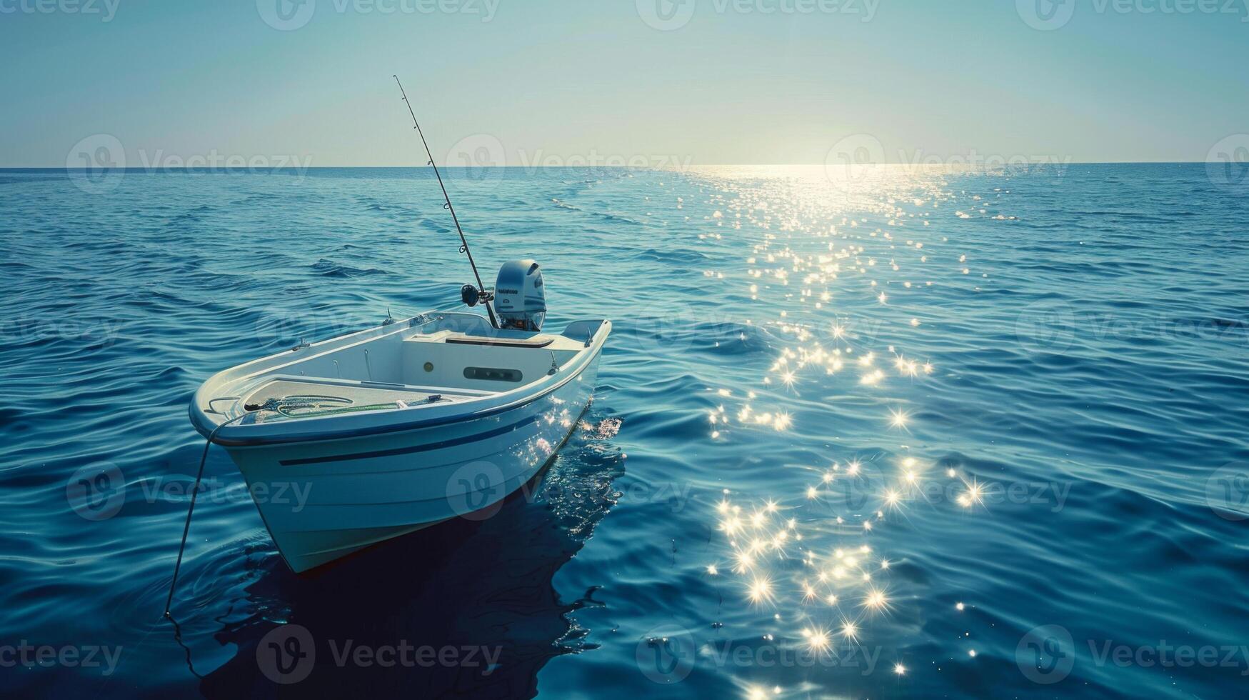 A small fishing boat floats quietly on the sparkling blue ocean. The sun casts a warm glow, illuminating the water and creating a tranquil atmosphere perfect for fishing. photo