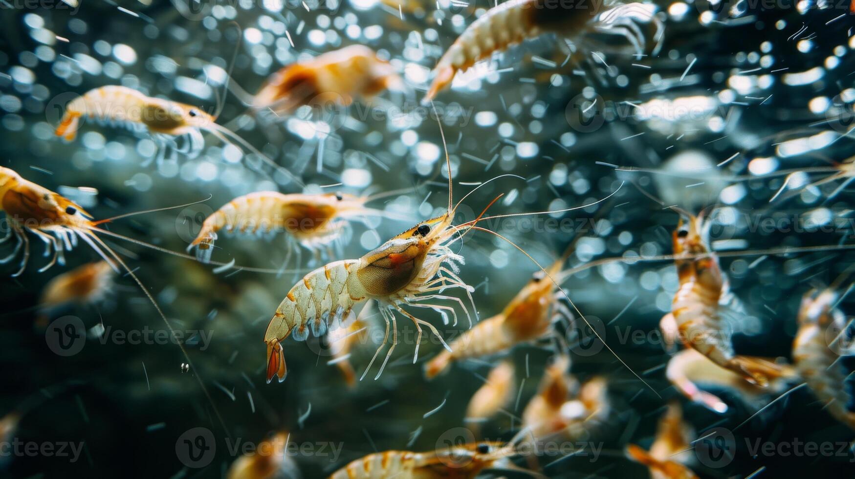 Freshwater shrimp are seen swimming gracefully in clear waters, highlighting their translucent bodies and delicate movements, creating an intriguing view of aquatic life. photo