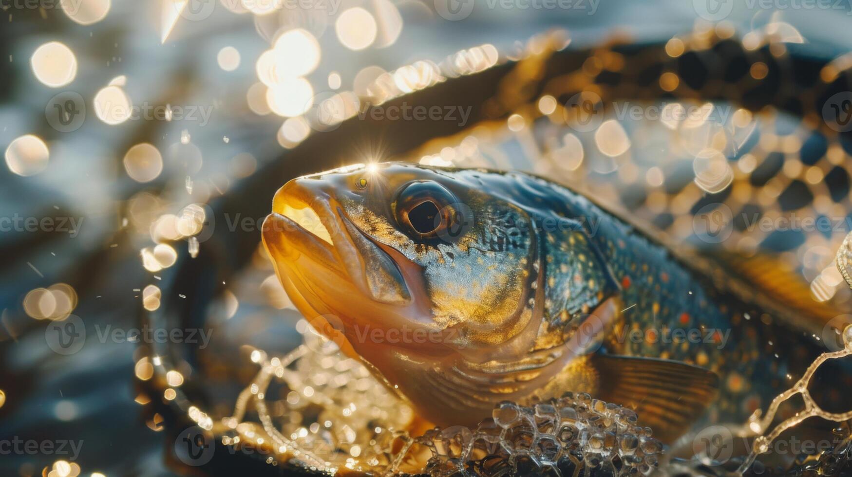 A trout with colorful scales lies in a net, glistening in sunlight. Droplets of water reflect light as the fish prepares to be released back into the river, surrounded by sparkling water. photo