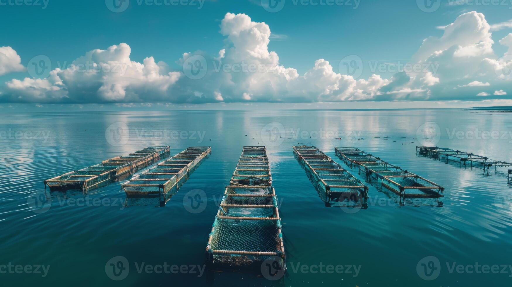 Rows of fish farming structures float on tranquil waters under a sky filled with fluffy clouds, reflecting the beauty of nature in a coastal environment. photo