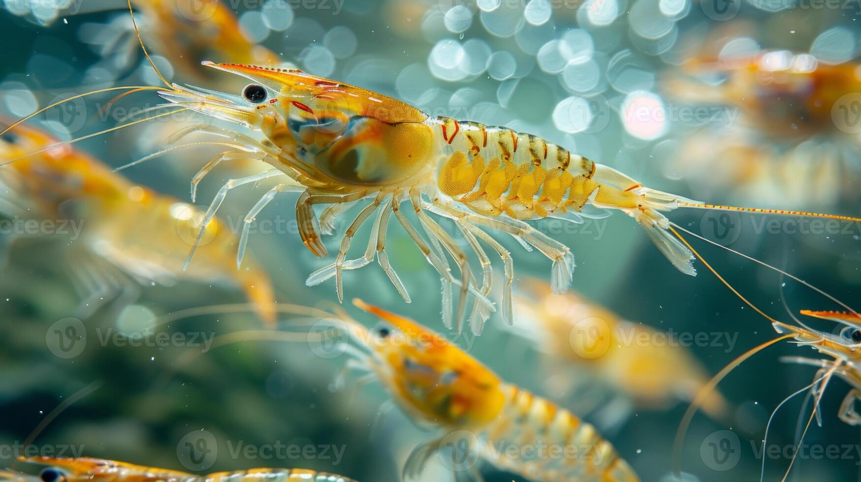 A group of bright orange shrimp swim delicately in clear water, showcasing intricate details of their exoskeletons as sunlight filters through the surface above. photo