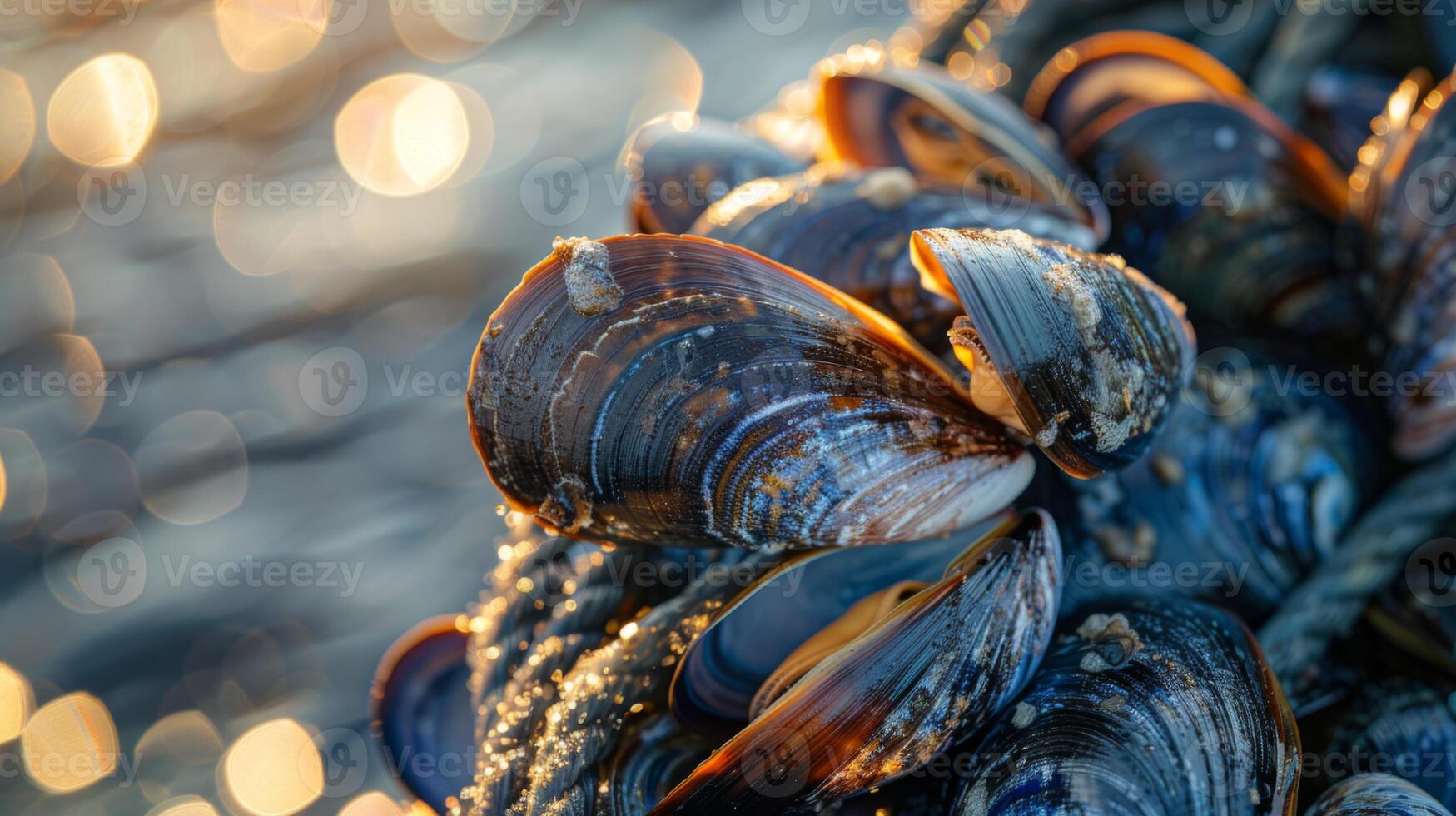Various mussels cluster together on a rocky surface as sunlight reflects off the water, highlighting their vibrant shells and creating a picturesque coastal atmosphere. photo