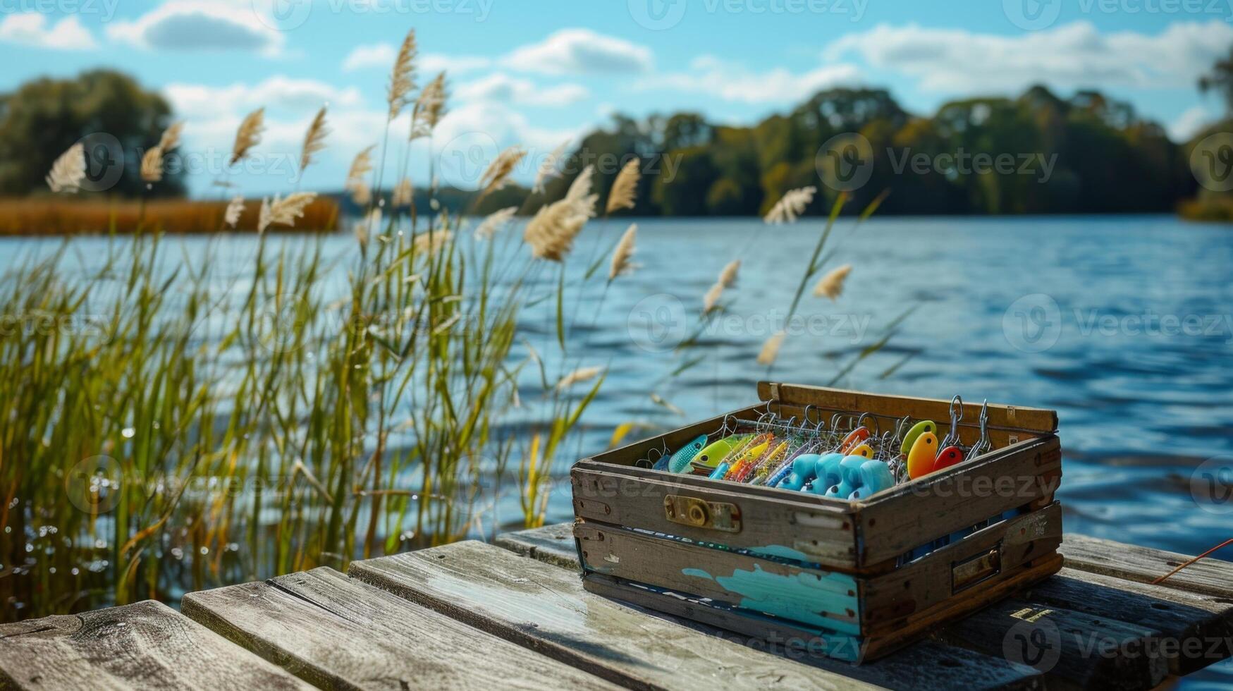 Fishing lures are arranged neatly in a weathered wooden box on a dock. The tranquil lake reflects the blue sky, with tall grass swaying gently in the breeze. photo