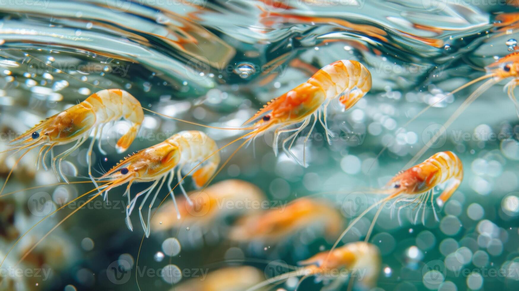 Brightly colored shrimp move elegantly through sparkling clear water, showcasing their intricate details and lively behavior in an aquarium environment. photo