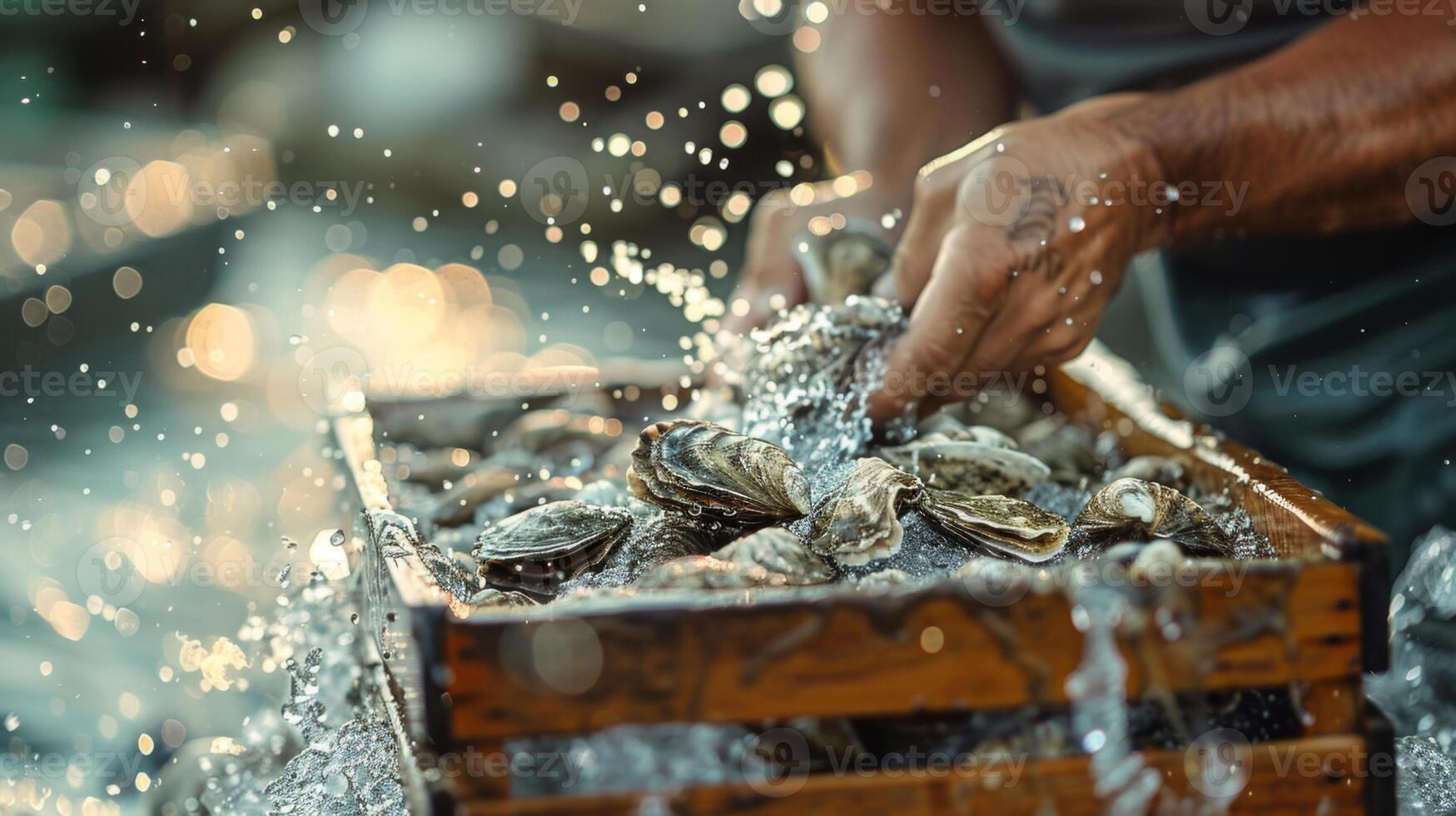 A person is sorting and cleaning a variety of freshly harvested oysters in a wooden crate, splashing water everywhere. The activity takes place in a coastal setting under bright sunlight. photo