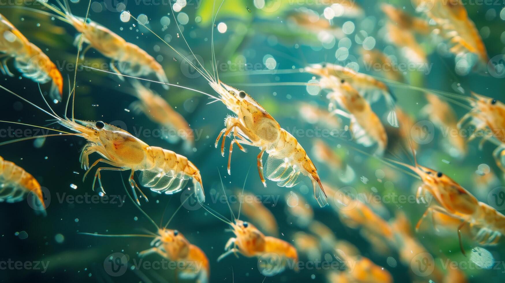 Orange shrimp swim in clear water, creating a lively display as they navigate their natural habitat, surrounded by bubbles and aquatic plants. photo