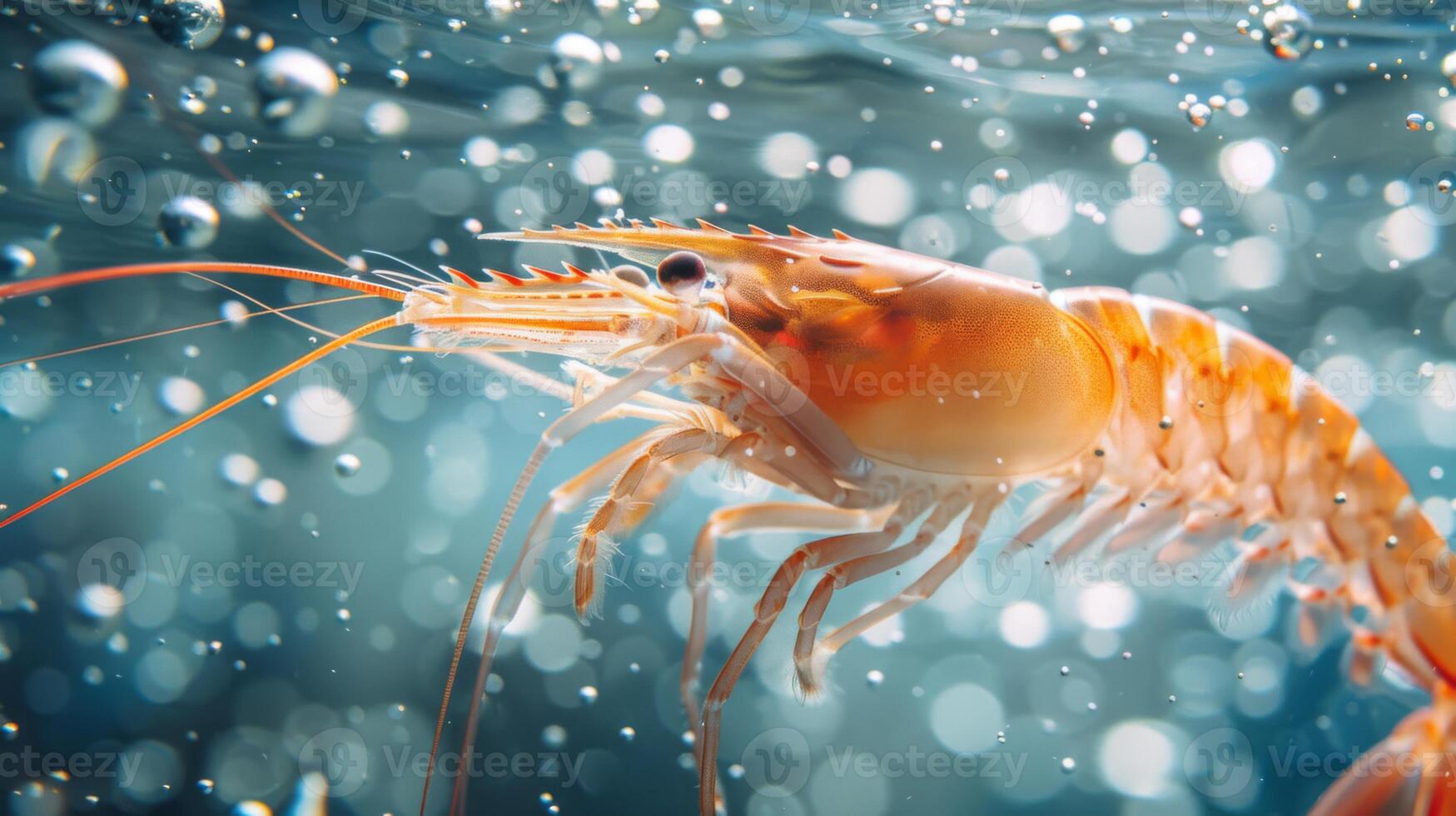 A shrimp moves gracefully through clear water, revealing intricate features and a bright orange hue, with bubbles and light reflections enhancing the underwater environment. photo