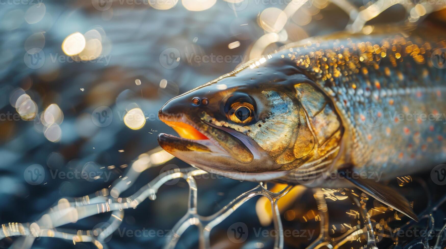 A vibrant trout rests in a net with glistening water droplets around it. Sunlight highlights its scales, creating a beautiful visual display in the early morning light. photo