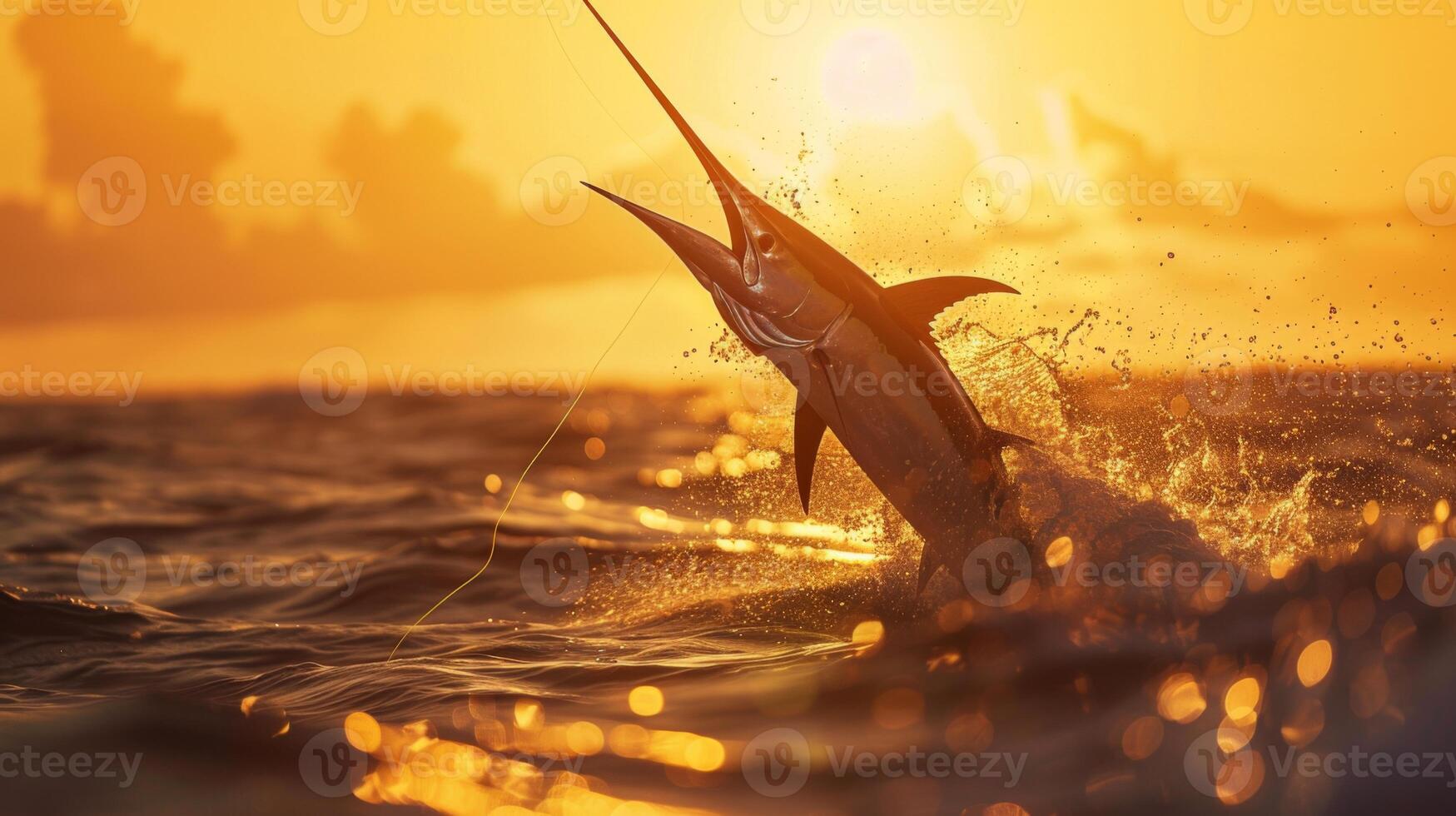 A swordfish breaks the surface of the water as the sun sets, creating a dazzling display of splashes and golden reflections. The vibrant colors enhance the beauty of this fishing scene. photo
