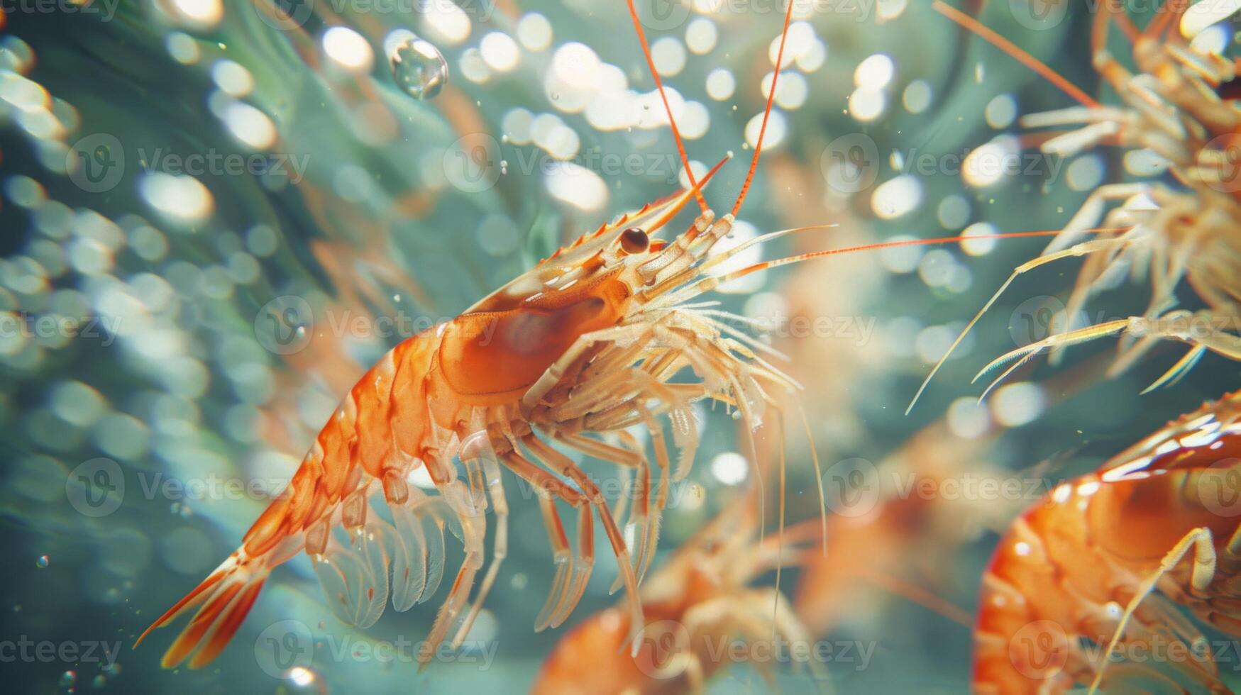 Shrimp swim actively in clear ocean waters, their vibrant colors shining under sunlight while bubbles float around them, highlighting the underwater beauty. photo