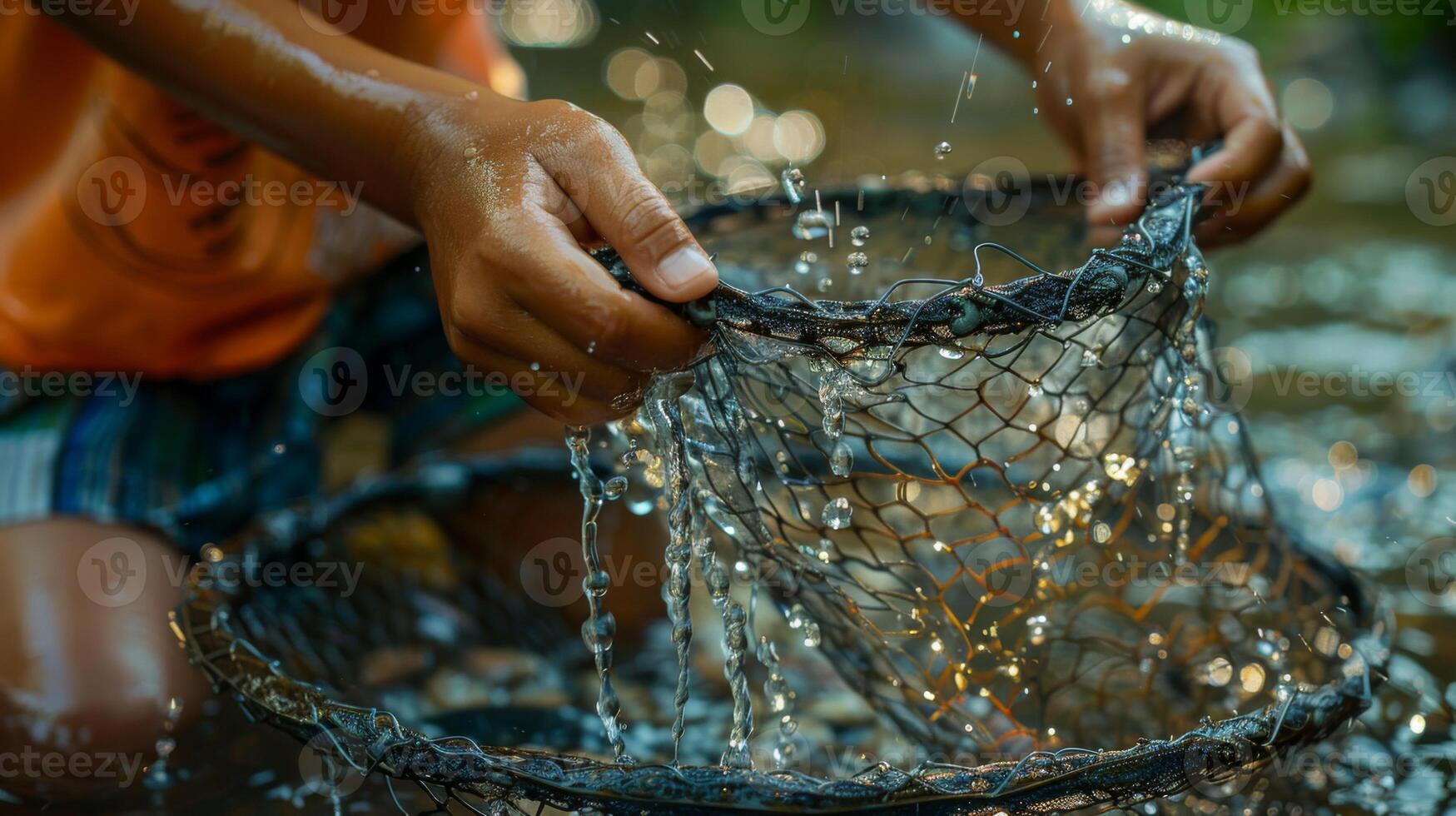 A child is focused on catching fish using a net in a river. Water splashes as the net emerges, surrounded by greenery and sunlight filtering through trees in the background. photo
