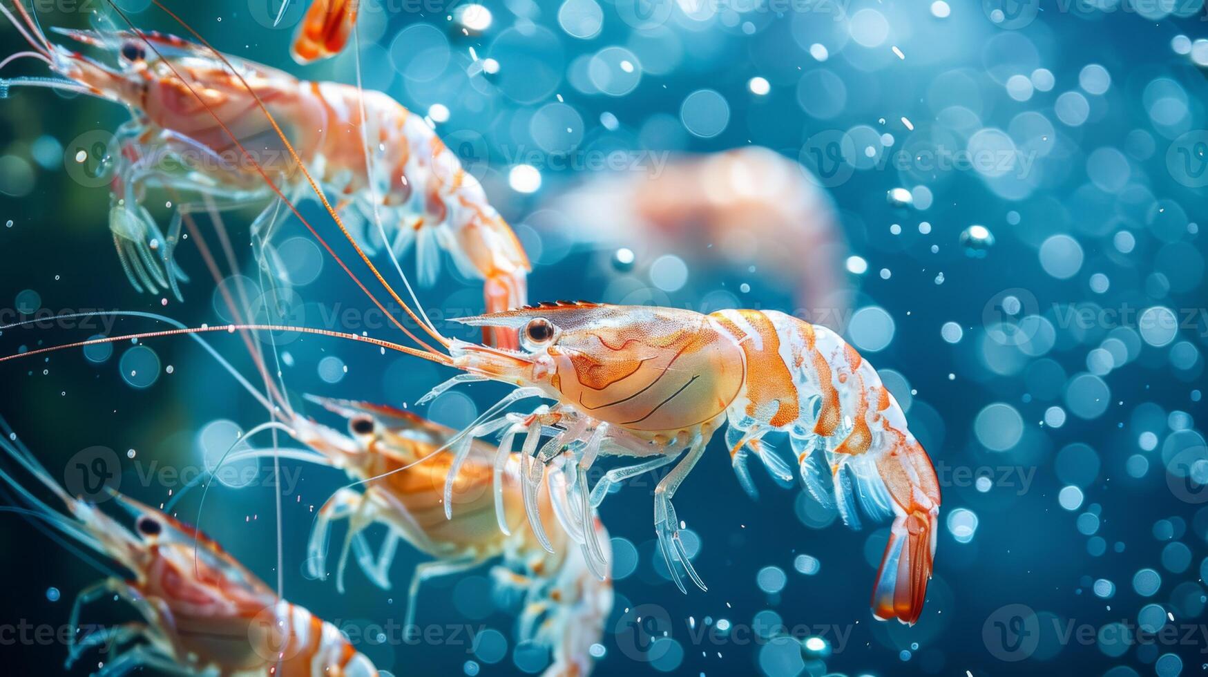 Several vibrant shrimp are swimming in a clear underwater setting filled with bubbles, showcasing intricate patterns and lively movement in their aquatic habitat. photo