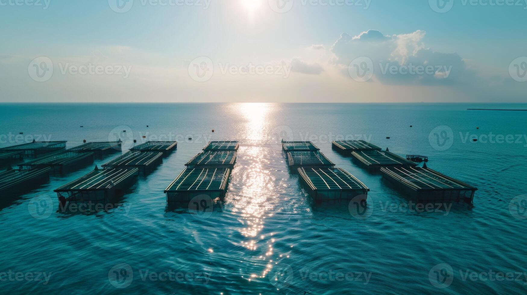Floating platforms rest quietly on the ocean surface as the sun rises, casting a golden glow over the water and creating a serene atmosphere for aquaculture. photo