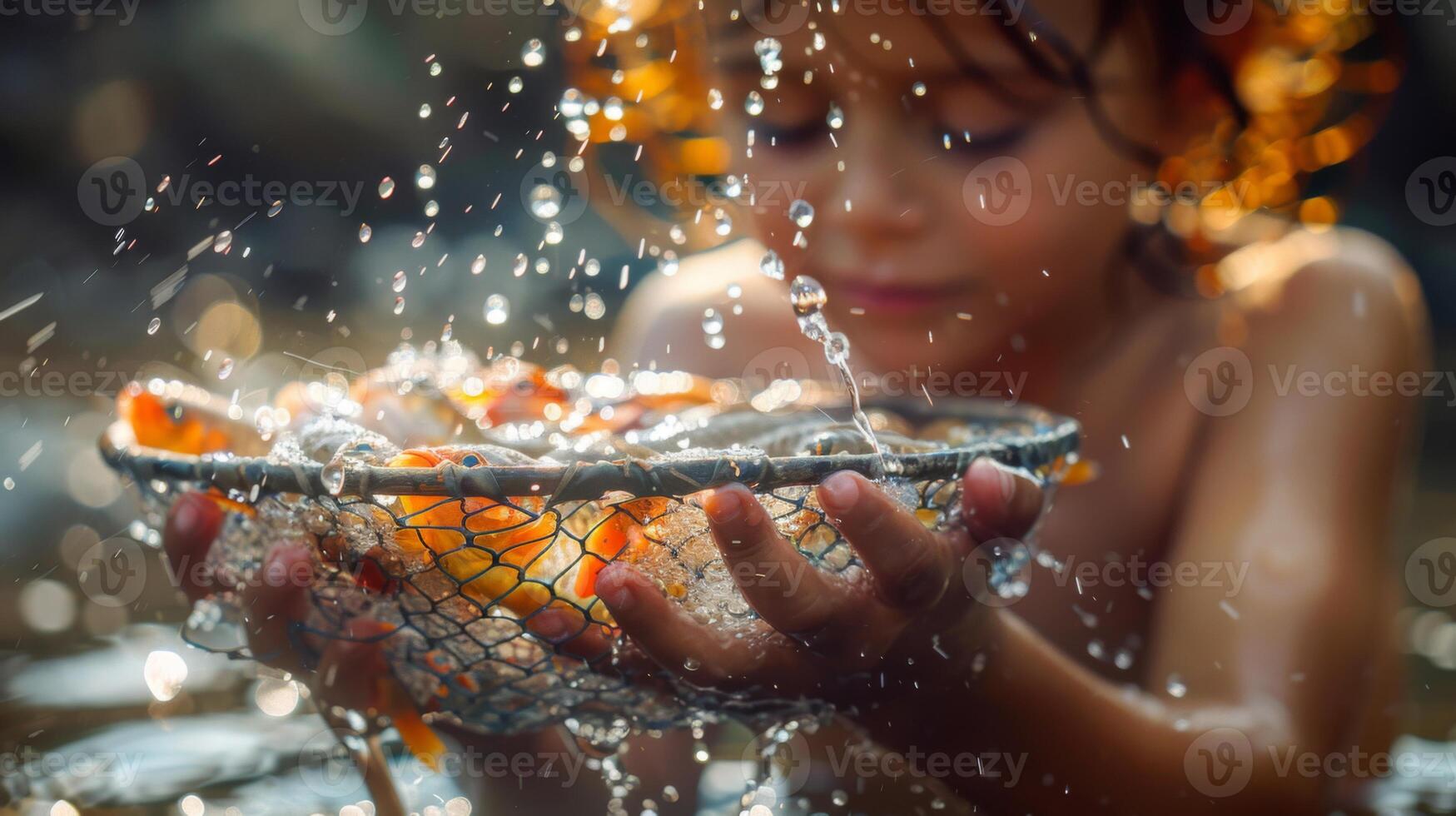 A child with a joyful expression gathers fish in a net while standing in a shallow stream. Water droplets sparkle around them in the sunlight, creating a lively atmosphere. photo