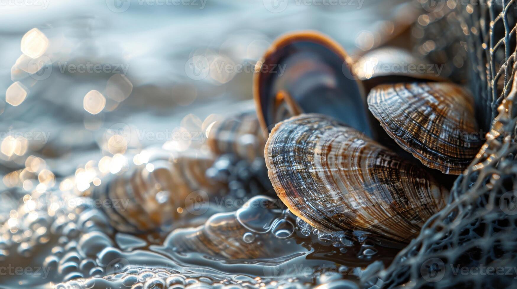 Colorful clams are clustered together in a fishing net, surrounded by clear water and gentle bubbles as sunlight filters through the water during low tide. photo
