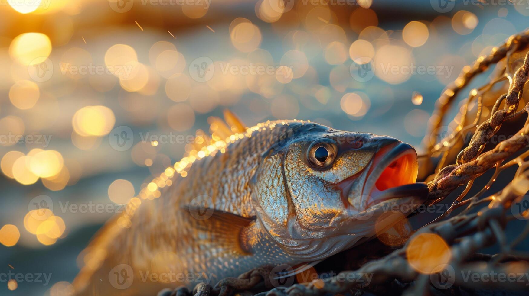 A fisherman displays a freshly caught fish on the beach, its scales glistening in the warm sunset light while the waves gently lap at the shore. photo