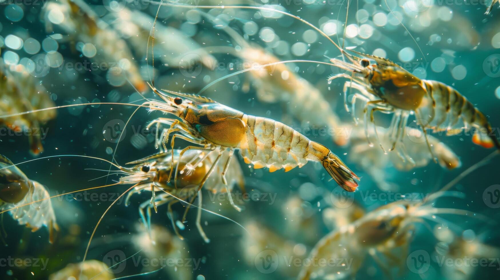 Shrimp are seen swimming gracefully in clear water, with sunlight filtering through, creating a peaceful aquatic atmosphere filled with bubbles. photo