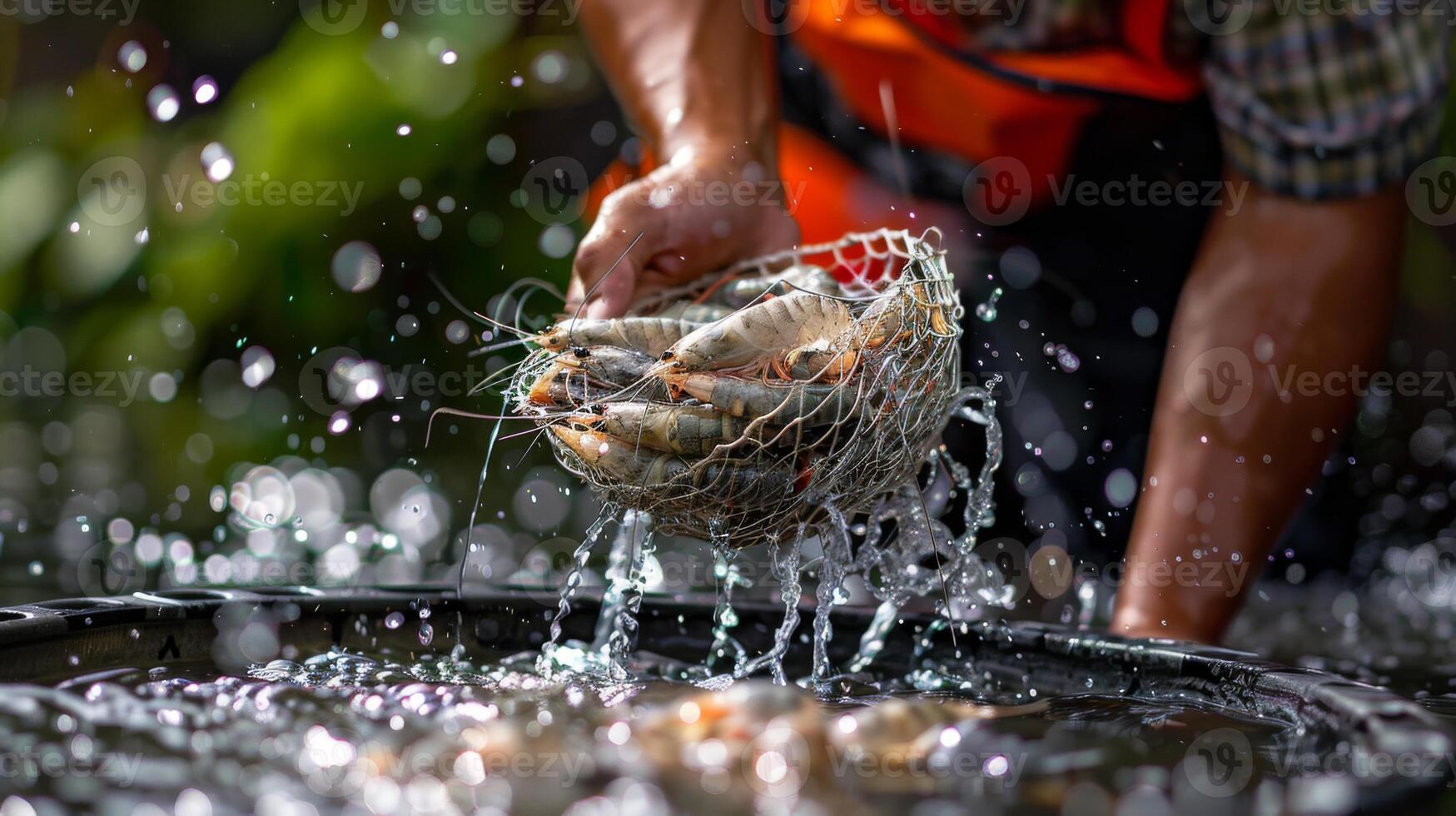 A fisherman skillfully pulls a net filled with live shrimp from a large water tank, surrounded by rich foliage and bright sunlight, showcasing the activity of aquaculture. photo