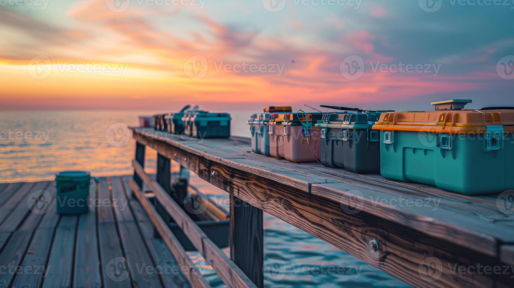 Colorful tackle boxes are neatly arranged on a wooden dock as the sun sets over the calm lake, casting vibrant hues across the sky and water, creating a serene atmosphere for fishing enthusiasts. photo