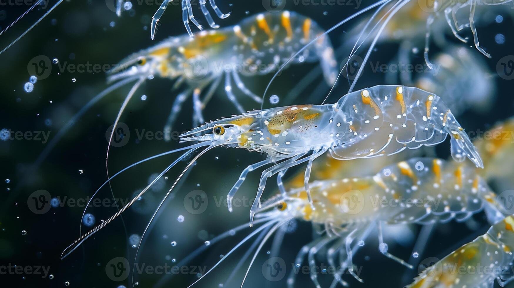Multiple shrimp are seen moving fluidly through the water, their translucent bodies and vibrant patterns shimmering under the sunlight, creating a lively aquatic environment. photo