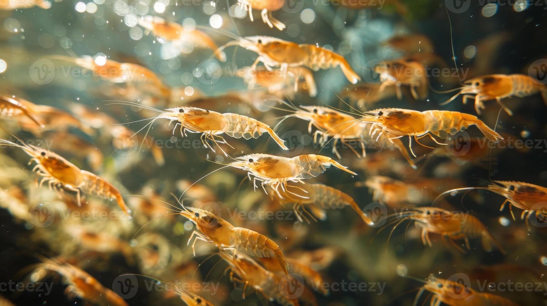 A multitude of orange shrimp swims gracefully in clear water, surrounded by bubbles and soft sunlight filtering through the surface, creating a serene underwater atmosphere. photo