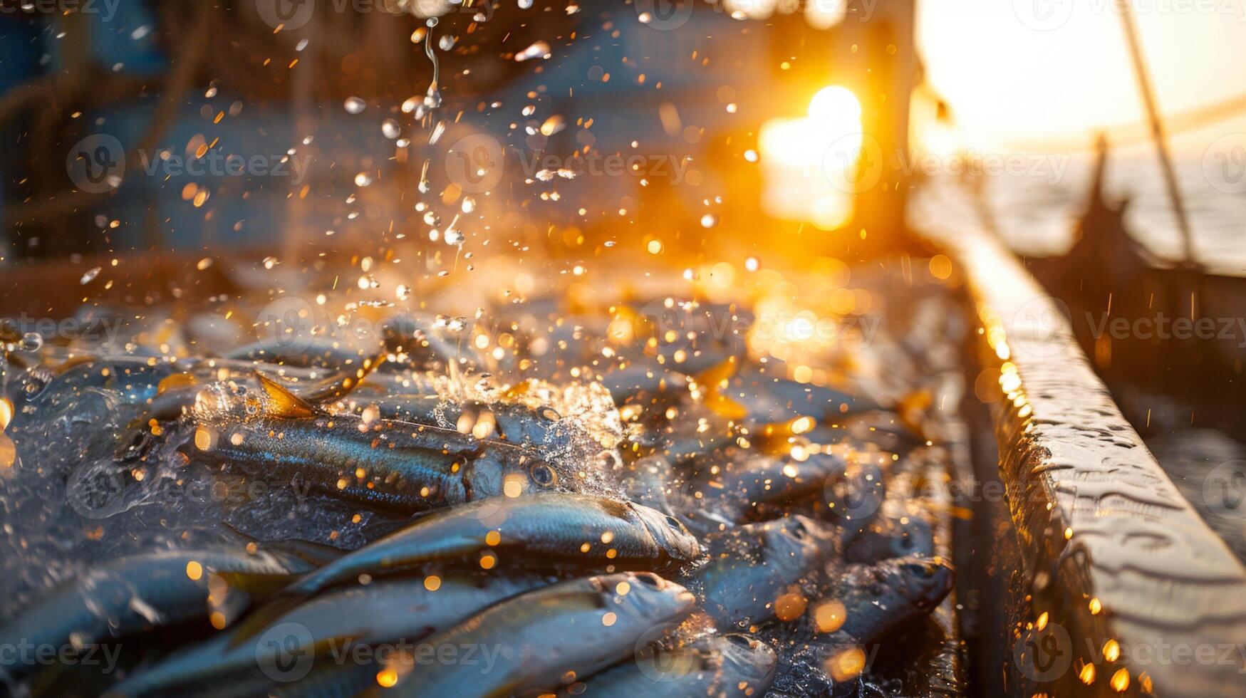 Freshly caught fish glisten in the warm light of a sunset on a fishing boat, showcasing the daily routines of fishermen and the bountiful ocean. photo