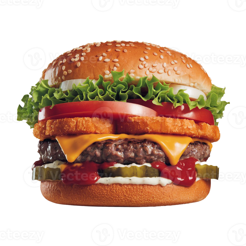 a hamburger with cheese, lettuce and tomatoes png