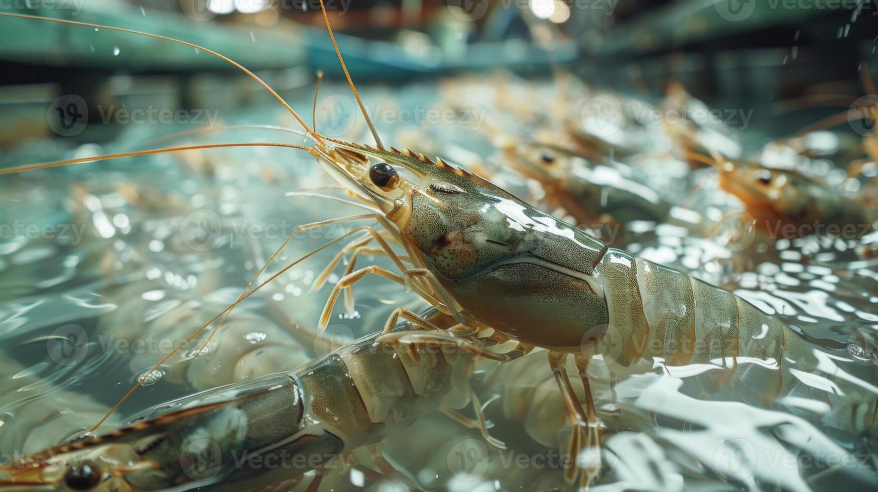Shrimp are actively swimming in a well lit aquaculture facility. Their translucent bodies reflect the light, creating a lively underwater atmosphere. This showcases modern marine farming practices. photo