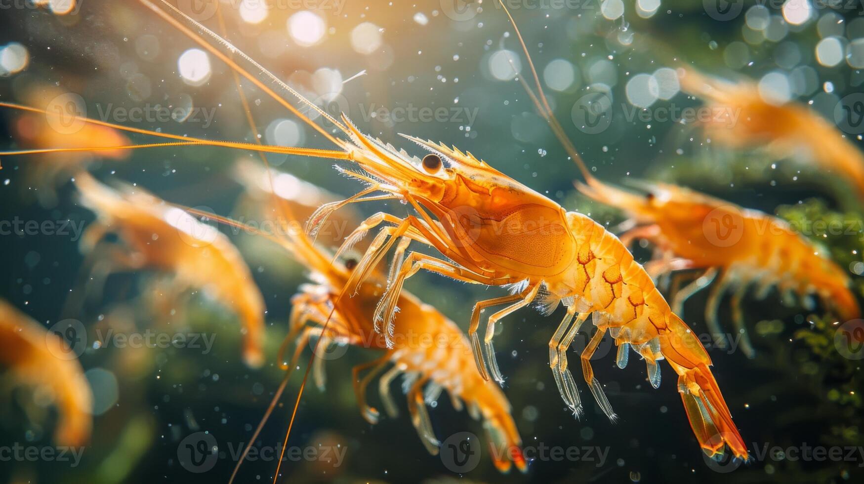 Several bright orange shrimp are swimming through a clear aquarium, creating an enchanting underwater scene illuminated by soft light and bubbles, showcasing their lively movement. photo