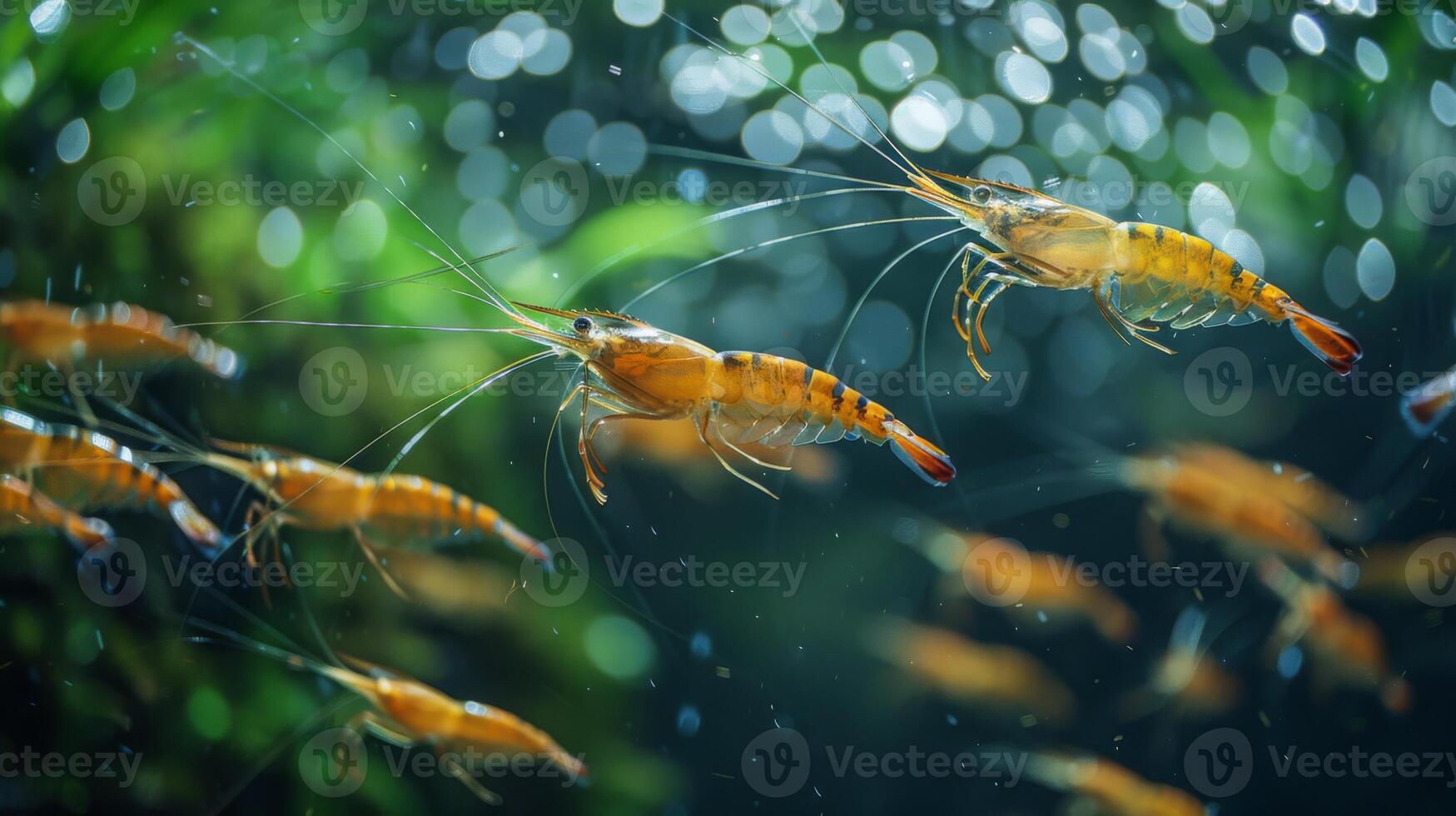 Brightly colored shrimp navigate the clear waters of a freshwater tank, surrounded by green aquatic plants, showcasing their natural behavior and vibrant hues. photo