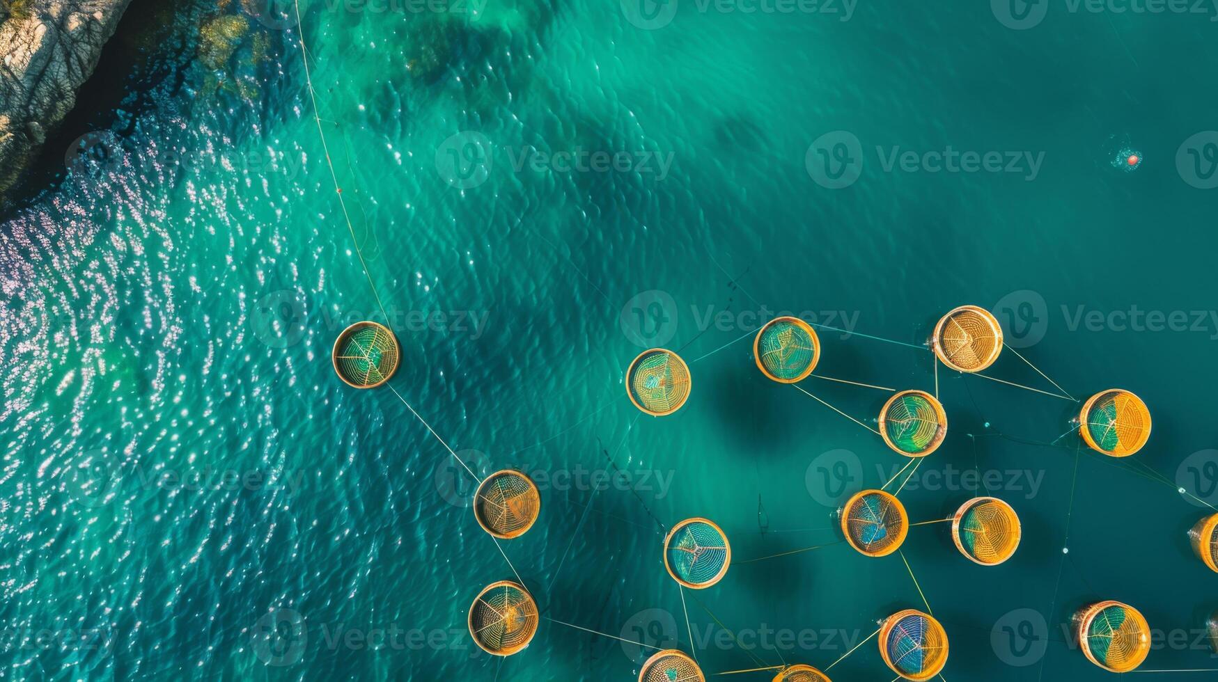 Colorful fishing nets are arranged in a pattern, suspended in clear turquoise waters close to a rocky shoreline on a sunny day, showcasing the beauty of marine activities. photo