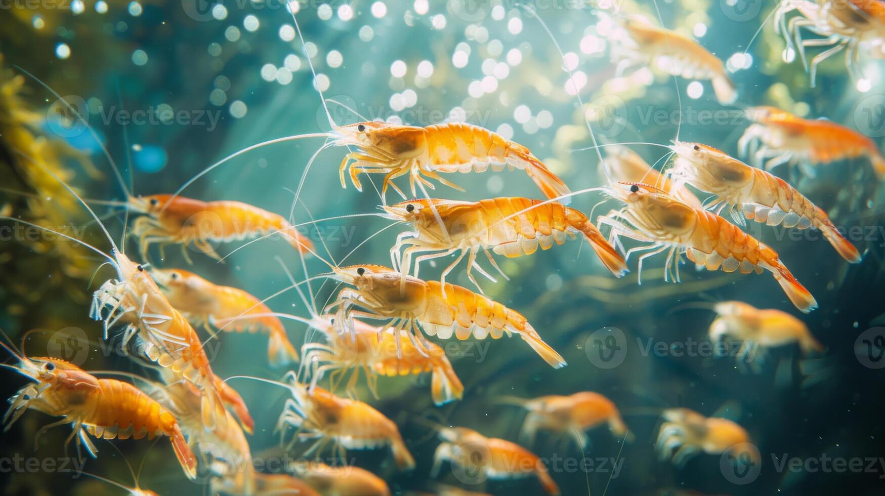 In a lively underwater environment, numerous orange shrimp gracefully swim among shimmering water and aquatic plants, showcasing their vibrant colors and movements. photo