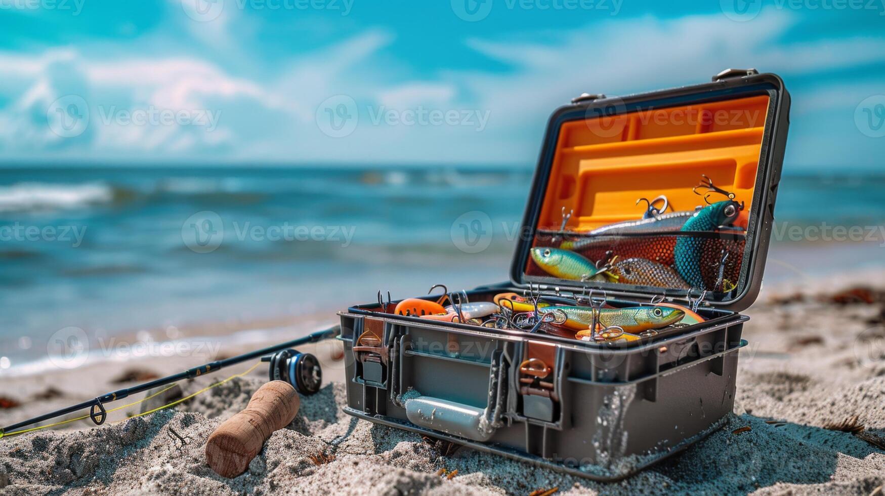 Brightly colored fishing lures are displayed inside a metal tackle box placed on sandy beach. A fishing rod leans nearby with gentle waves lapping at the shore. photo