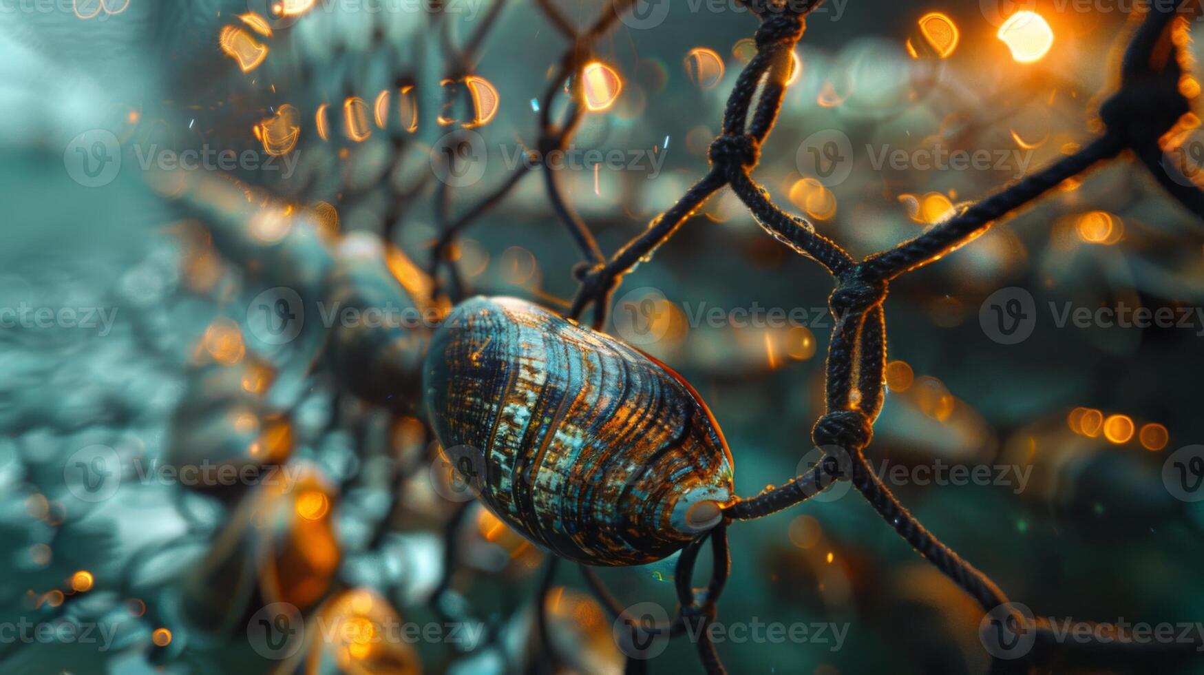 Early morning light illuminates shells glistening on a fishermans net, creating a serene atmosphere along the coast. The droplets add a magical touch to the scene. photo
