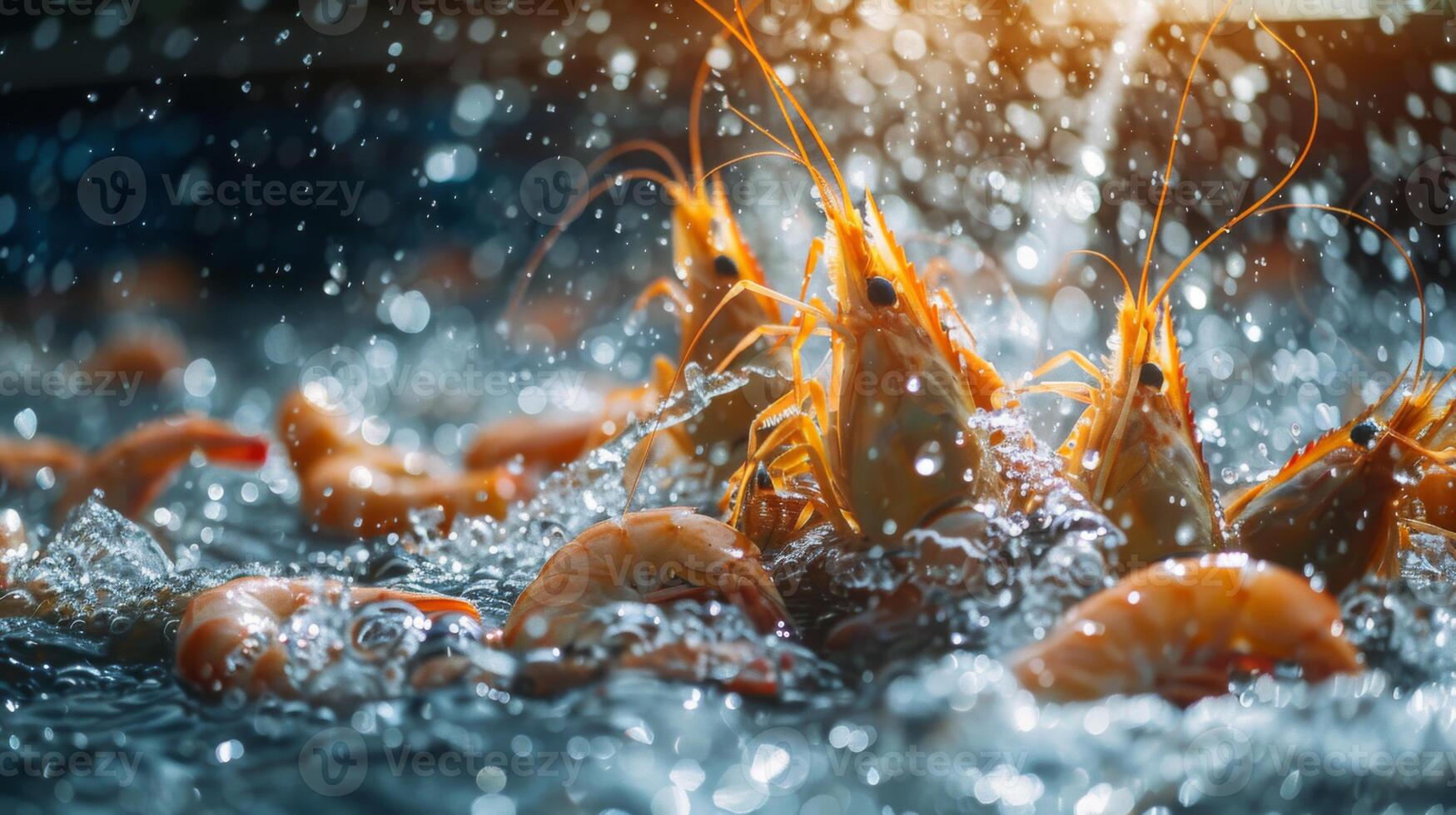 Prawns leap from the water in a fishing pond during sunset, highlighting the thrill of seafood harvesting while droplets glisten in the golden light. photo