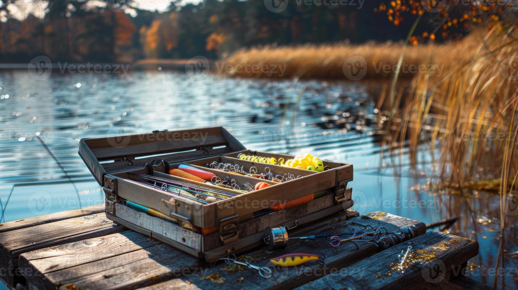 A fishing tackle box sits open on a wooden pier, showcasing colorful lures and tools, surrounded by tranquil water and vibrant autumn foliage in the late afternoon. photo