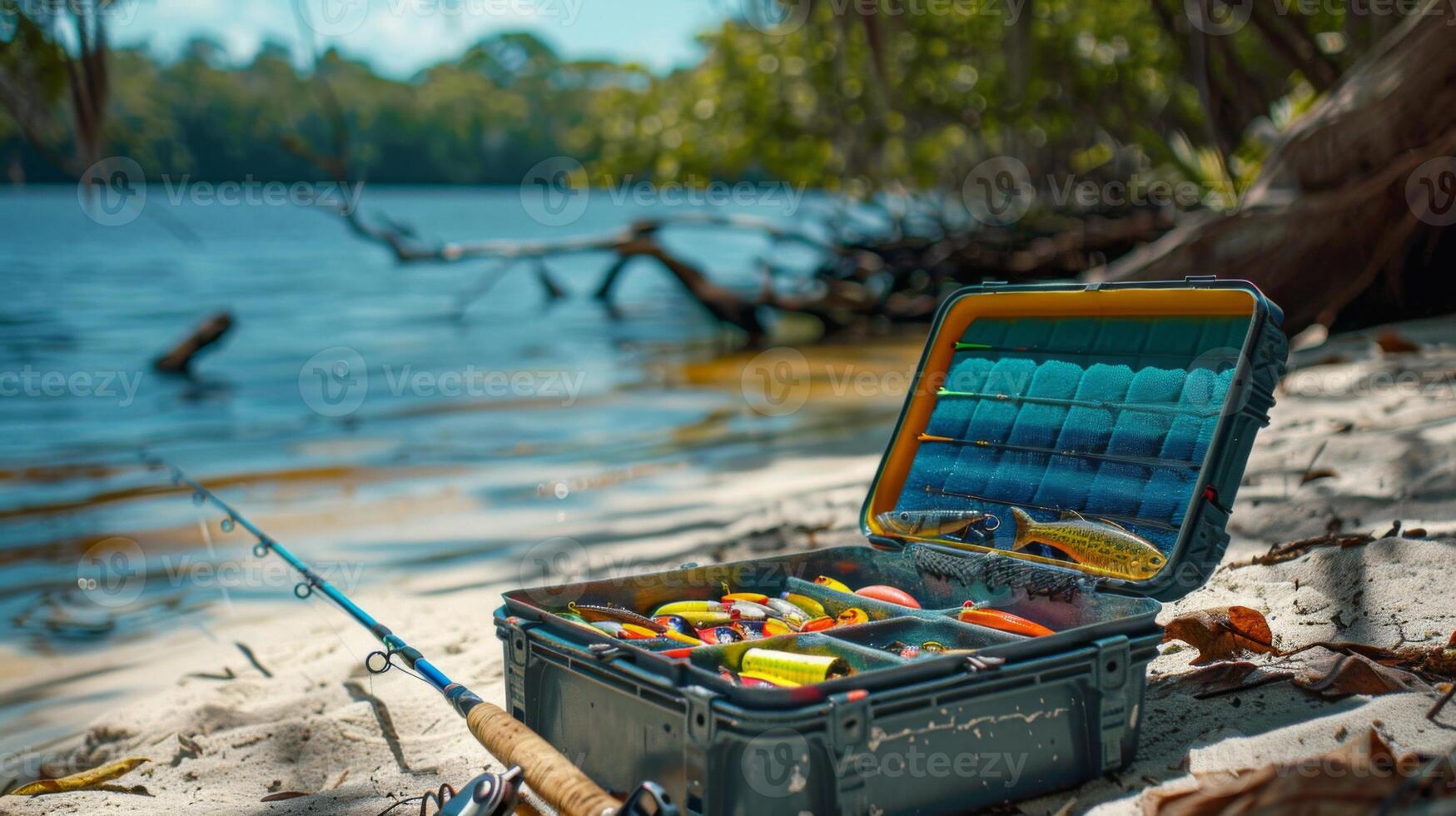 A tackle box filled with various fishing lures sits on the sand beside a serene lake, with clear blue water and green foliage in the background under warm sunlight. photo