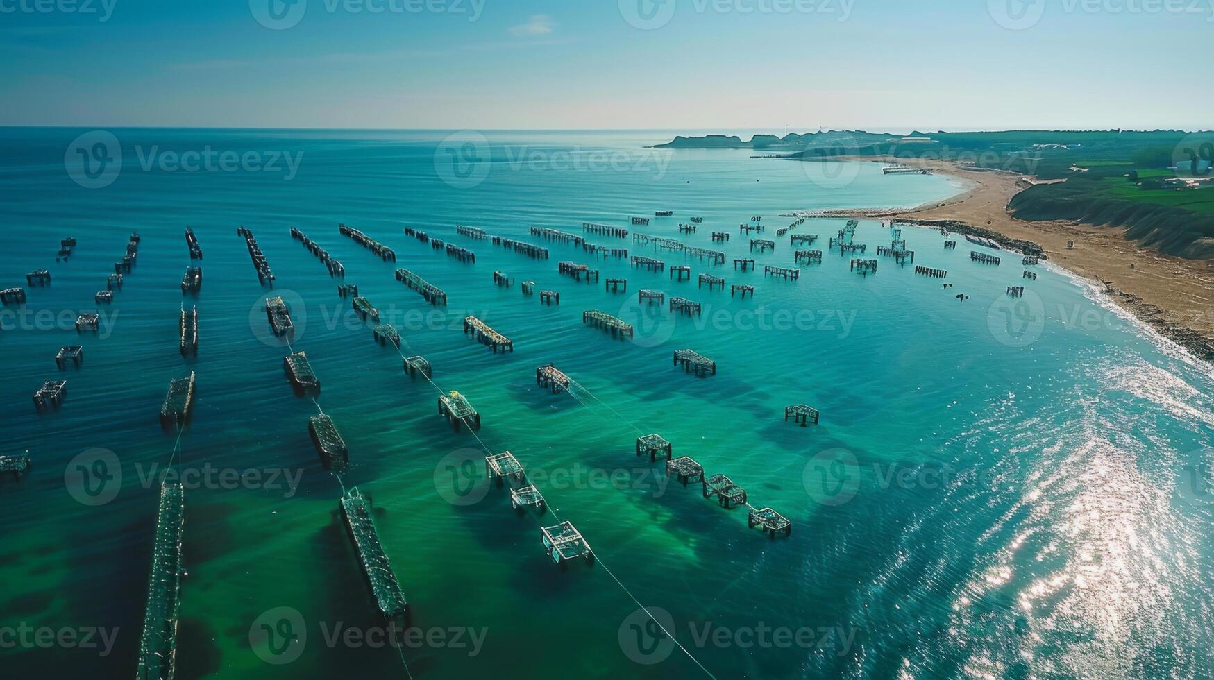 Numerous fishing platforms are scattered across the calm sea, reflecting the sunlight while waves gently lap against the sandy shoreline in the background during midday. photo