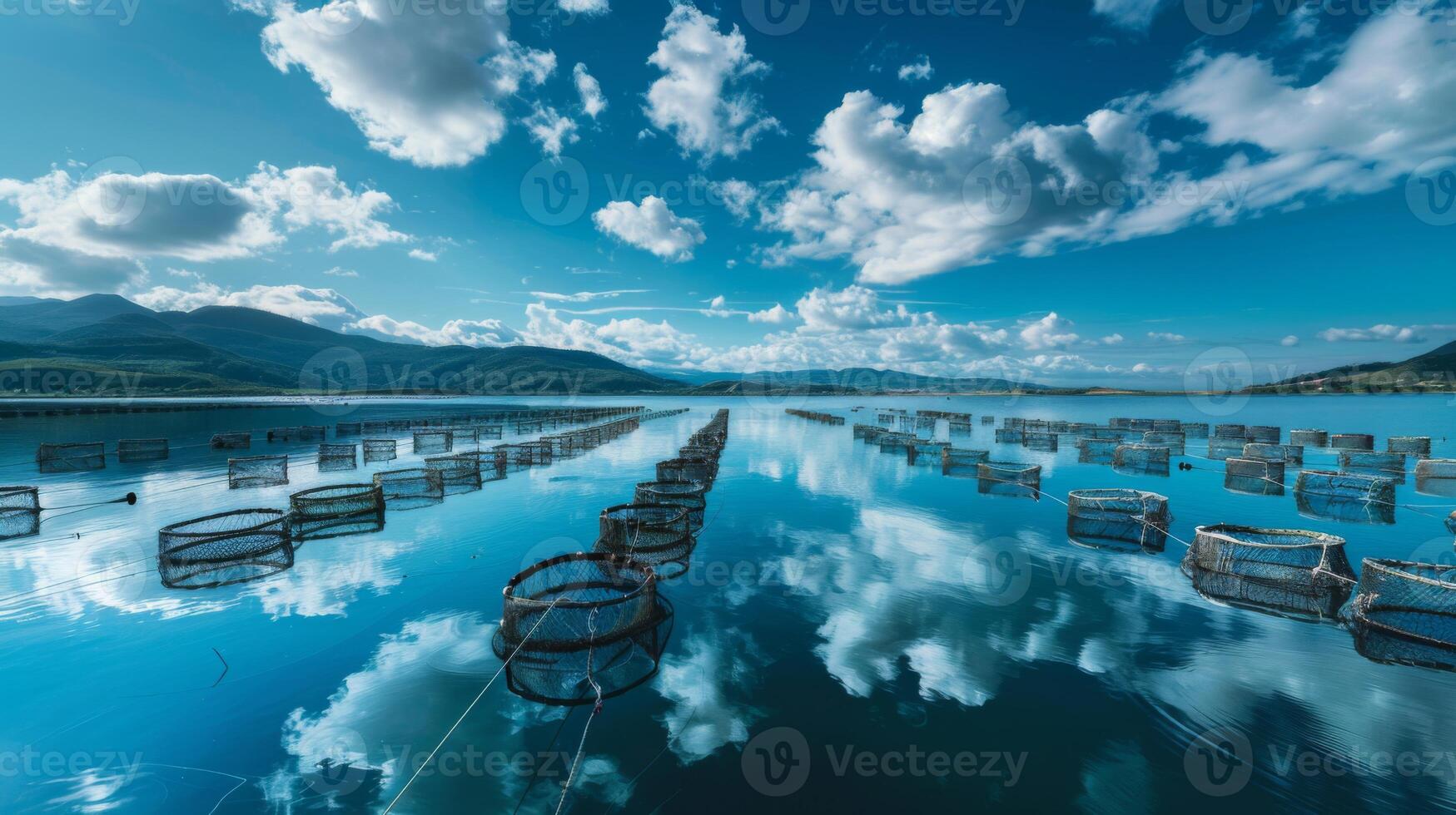 Cages are set in calm waters reflecting a vibrant blue sky filled with white fluffy clouds, surrounded by distant mountains creating a peaceful atmosphere. photo