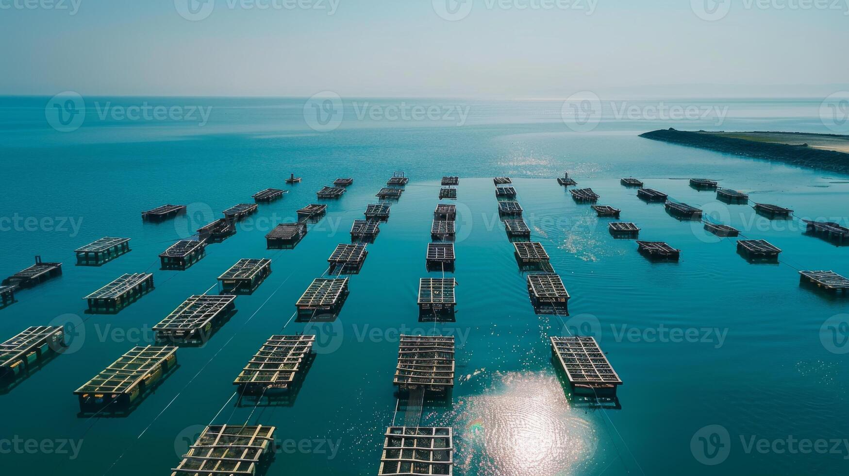 Numerous aquaculture structures are spread across calm waters, creating a unique pattern against the backdrop of a clear blue sky during a sunny afternoon. photo
